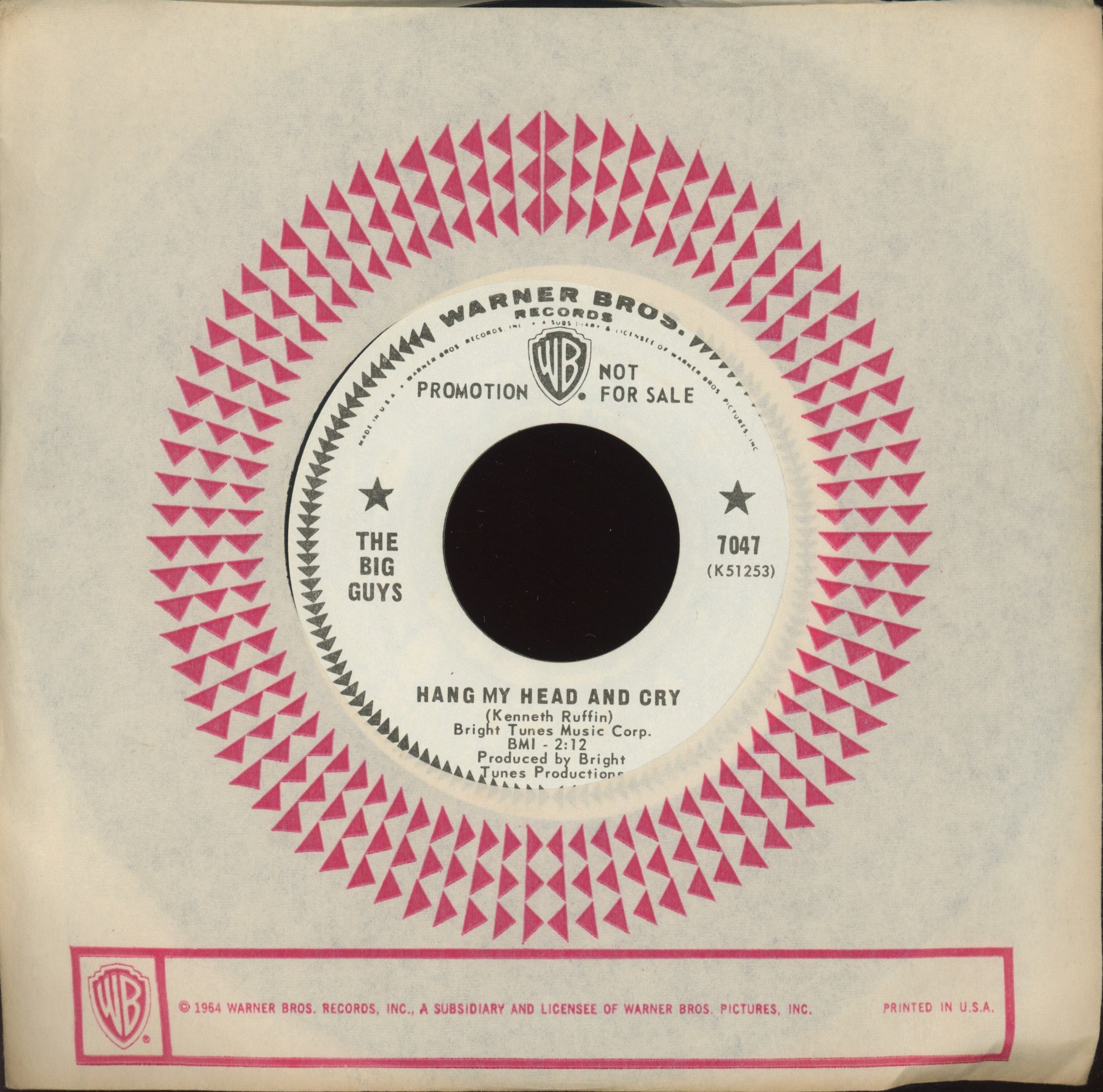 The Big Guys - Hang My Head And Cry on WB Promo Northern Soul 45