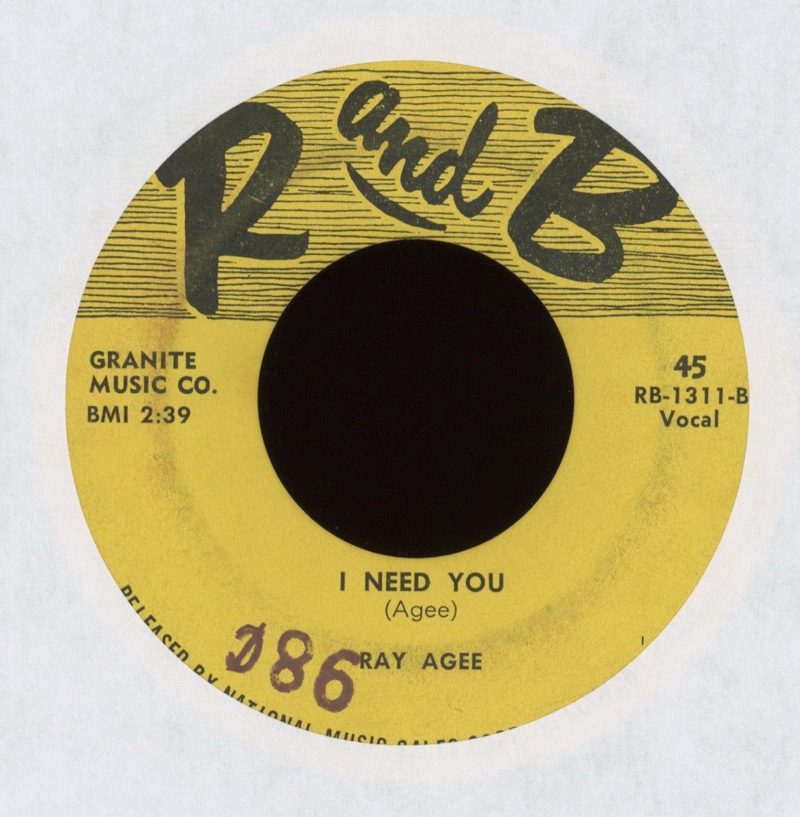 Ray Agee - I Need You on R and B R&B Rocker 45