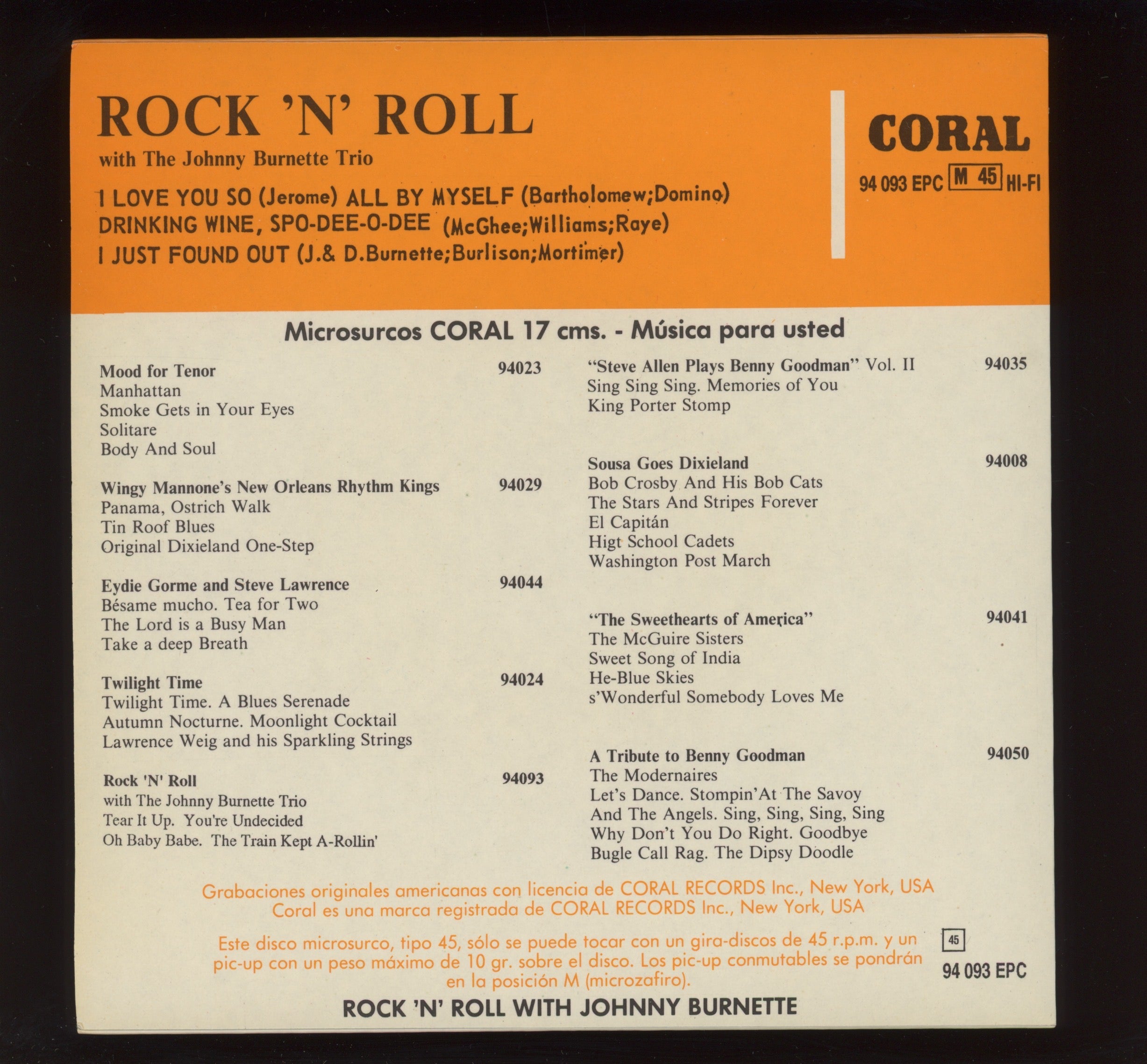 The Johnny Burnette Trio - Rock 'N' Roll With The Johnny Burnette Trio on Coral 45 EP Spanish Reissue