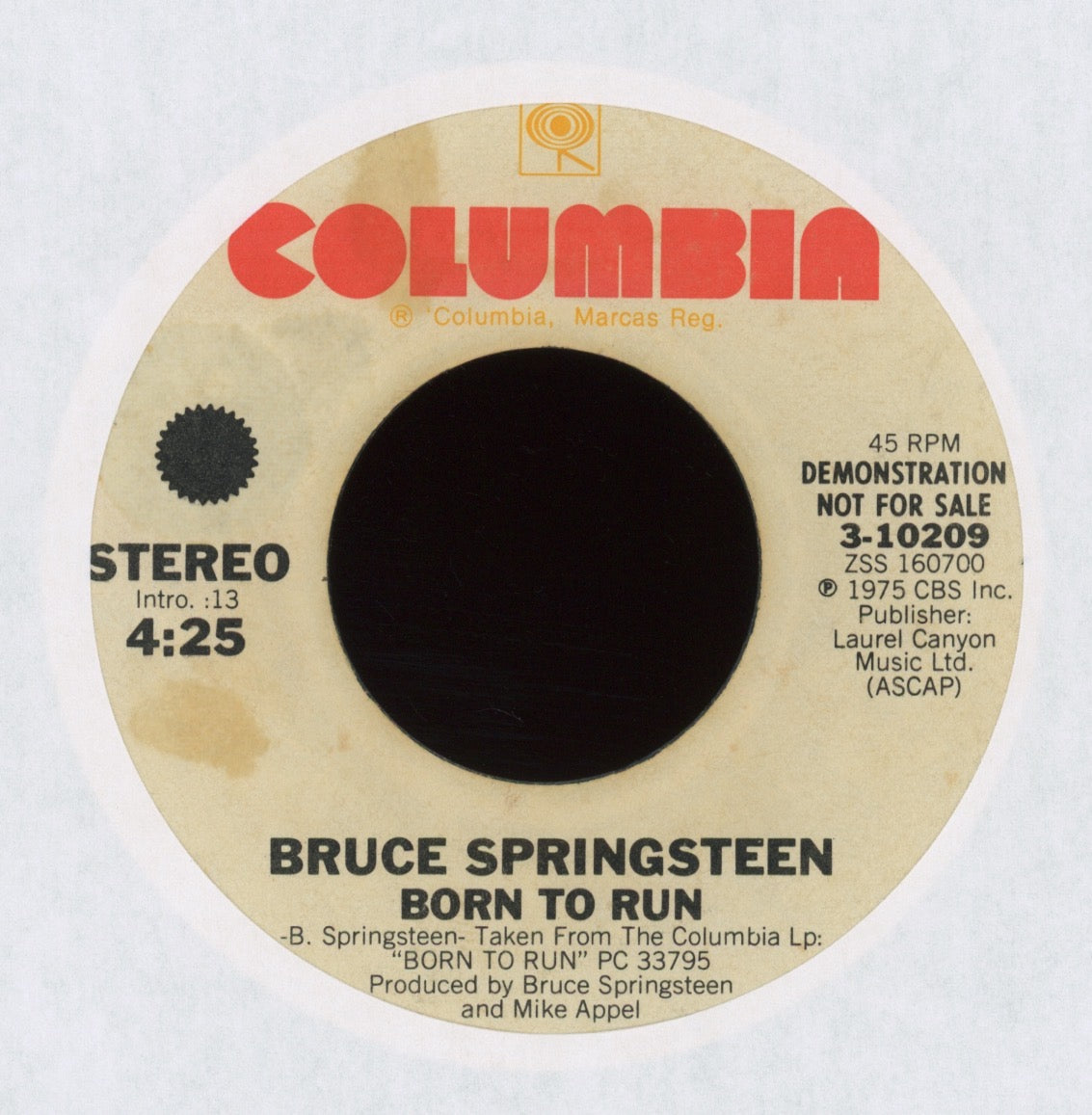 Bruce Springsteen - Born To Run on Columbia Promo Rock 45