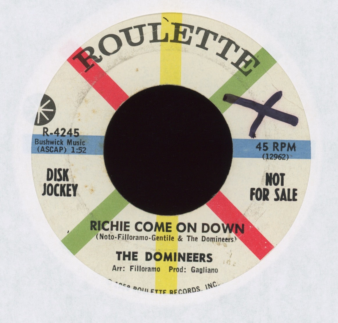 The Domineers - Nothing Can Go Wrong / Richie Come On Down on Roulette Promo R&B Doo Wop 45