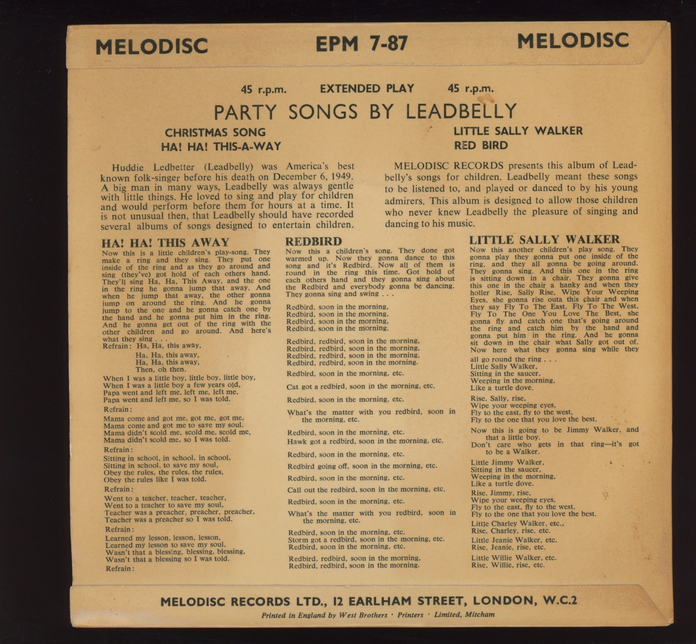 Leadbelly - Party Songs And Plays By Leadbelly on Melodisc UK Folk Blues EP With Picture Sleeve