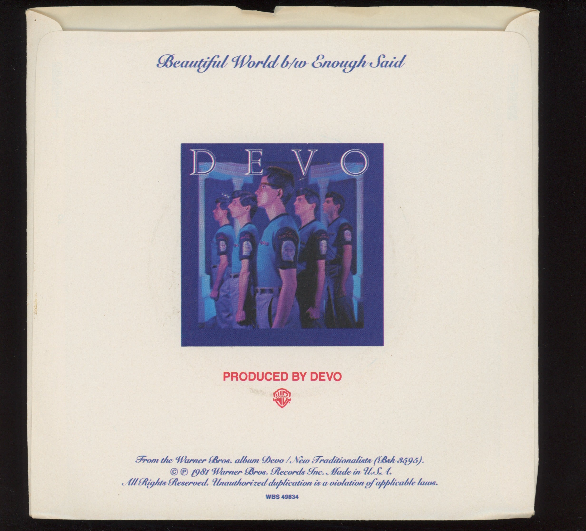 Devo - Beautiful World on WB Promo With Picture Sleeve