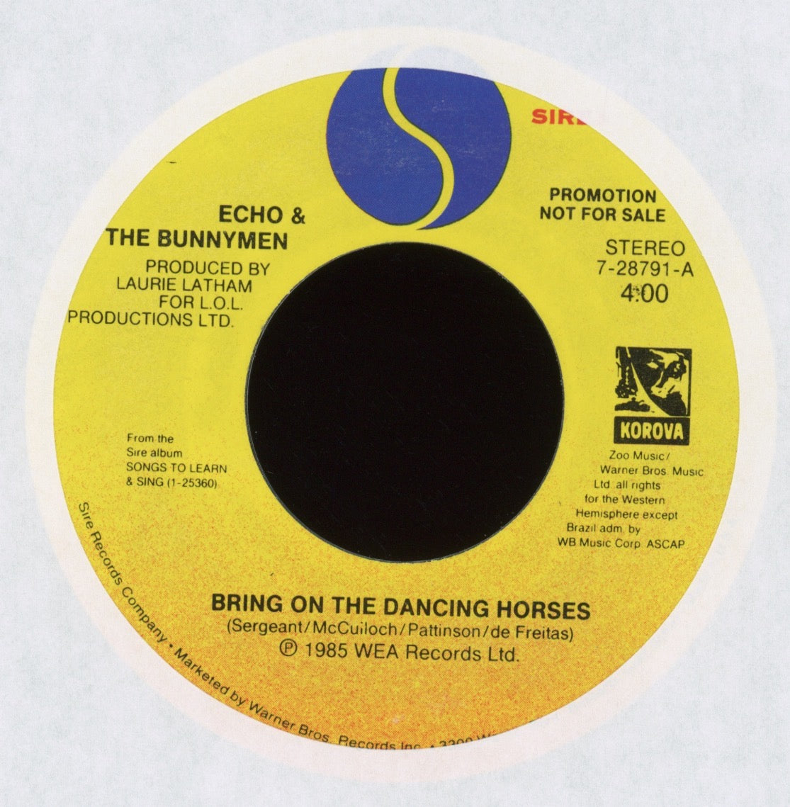 Echo & The Bunnymen - Bring On The Dancing Horses on Sire Promo 45 With Picture Sleeve