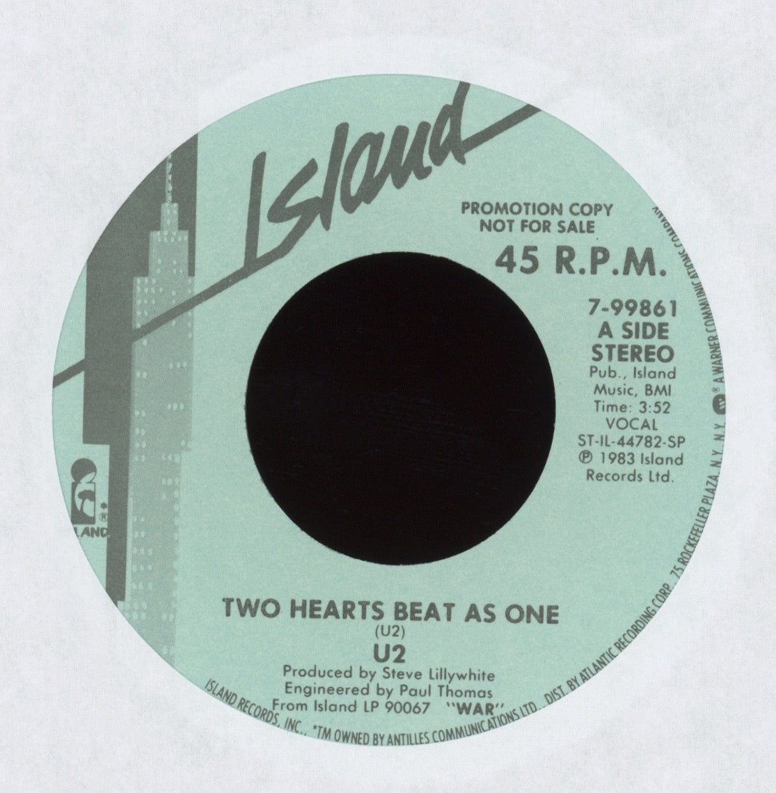 U2 - Two Hearts Beat As One on Island Promo 45 With Picture Sleeve