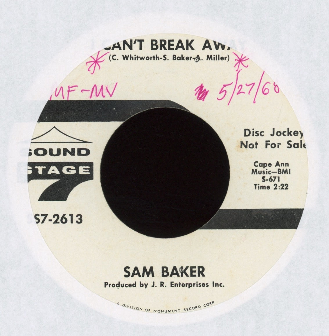Sam Baker - I Can't Break Away on Sound Stage 7 Promo Soul 45