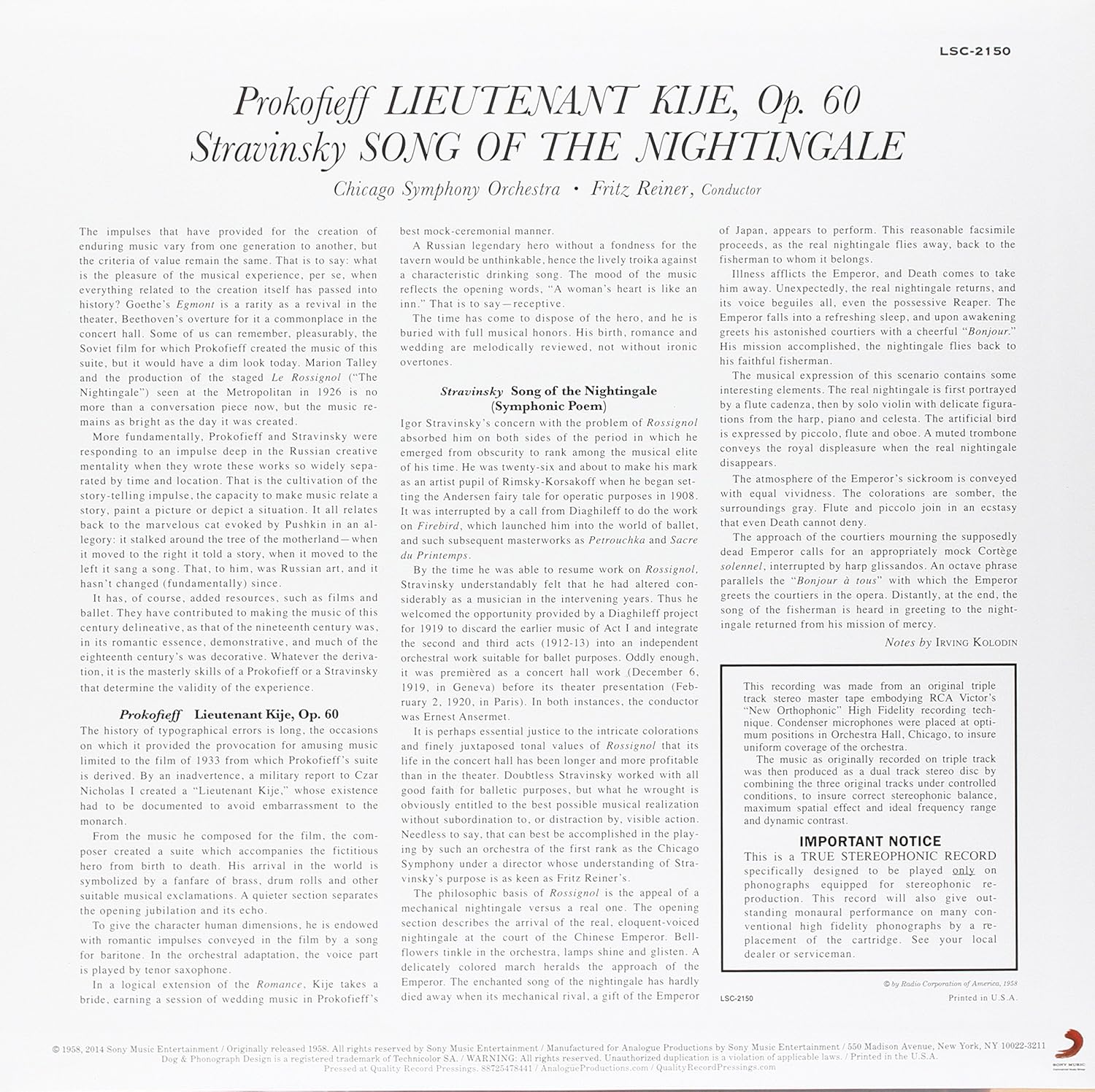 Fritz Reiner - Prokofiev: Lieutenant Kije/ Stravinsky: Song of the Nightingale