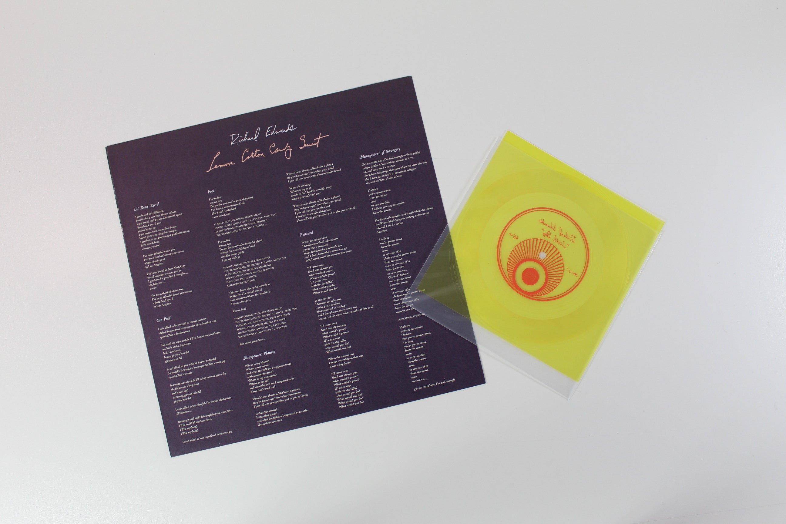 Richard Edwards - Lemon Cotton Candy Sunset on Joyful Noise Recordings – 45 RPM – Limited Edition – Yellow Lemon Vinyl – Pink Vinyl – With Flexi-disc