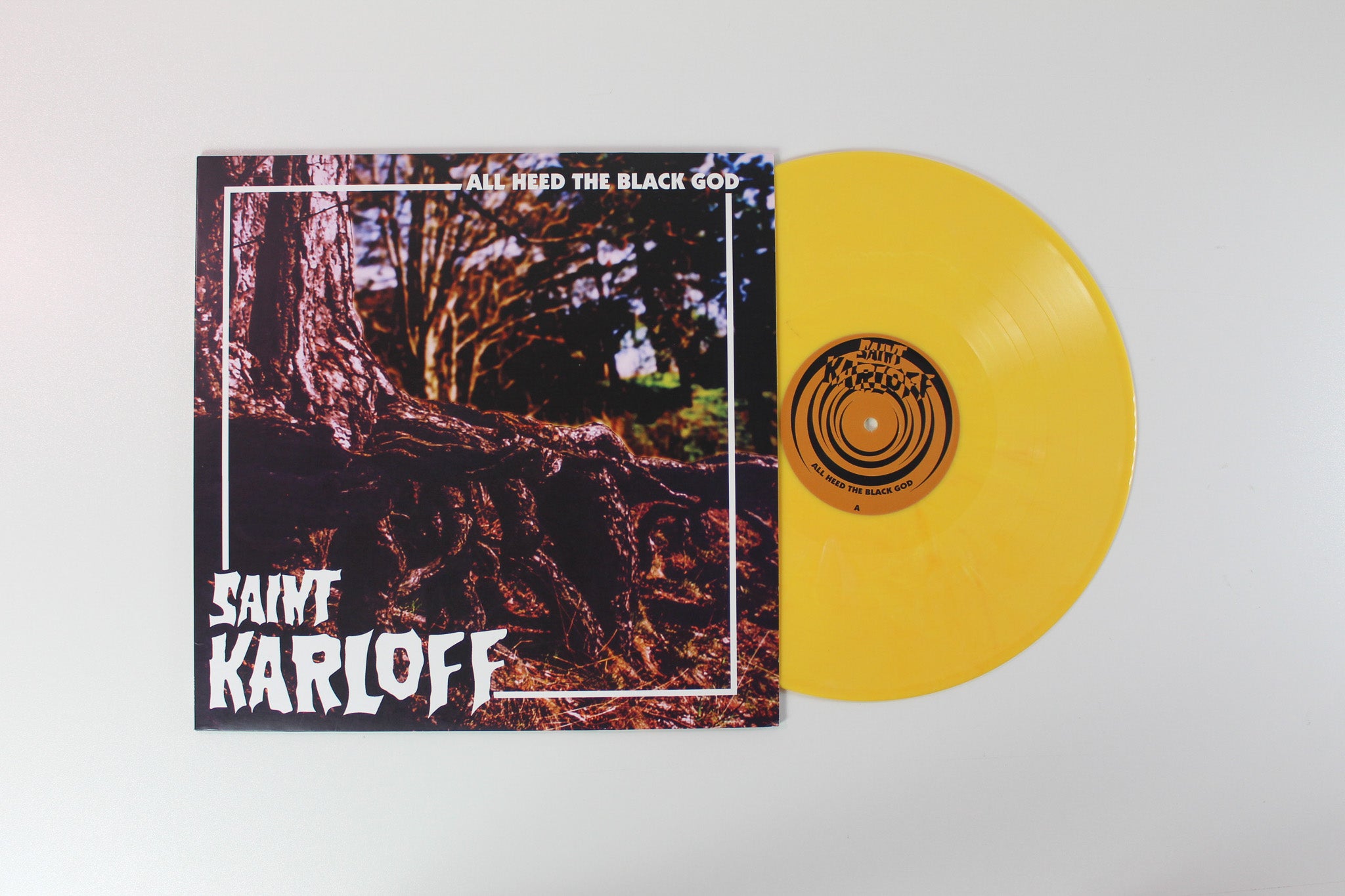 Saint Karloff - All Heed The Black God on Majestic Mountain Ltd Yellow / Orange / White / Red Marbled Reissue