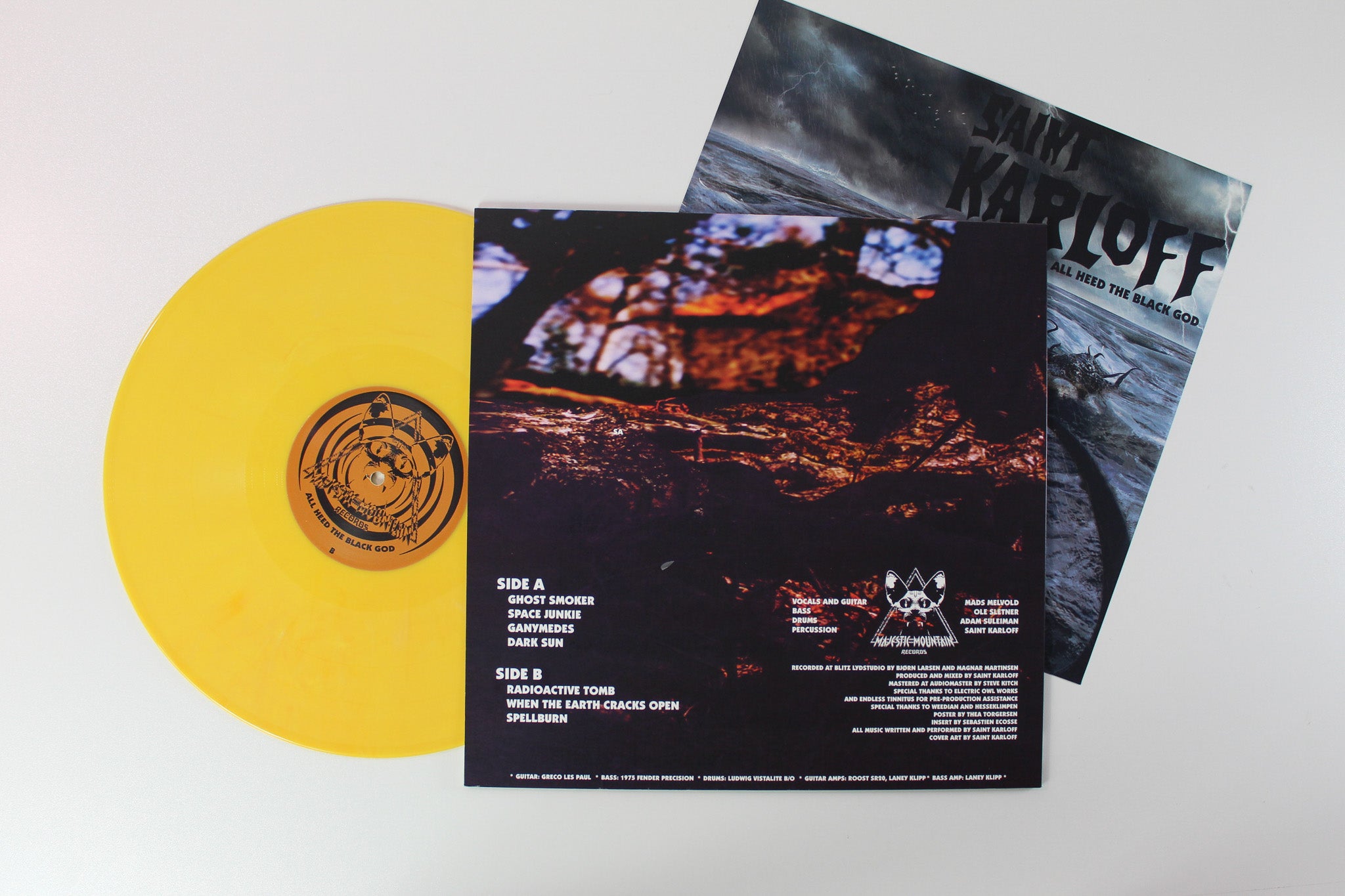 Saint Karloff - All Heed The Black God on Majestic Mountain Ltd Yellow / Orange / White / Red Marbled Reissue