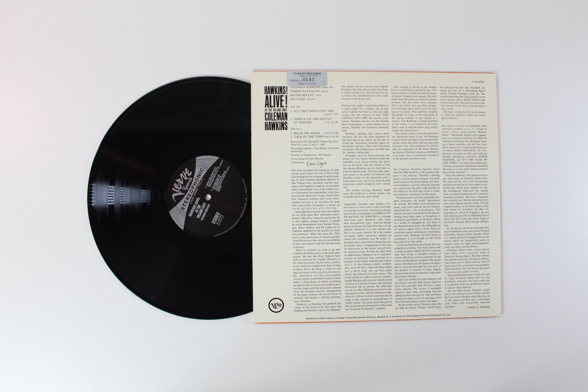 Coleman Hawkins - Hawkins! Alive! At The Village Gate on Verve Classic Records Ltd Numbered 180 Gram Reissue