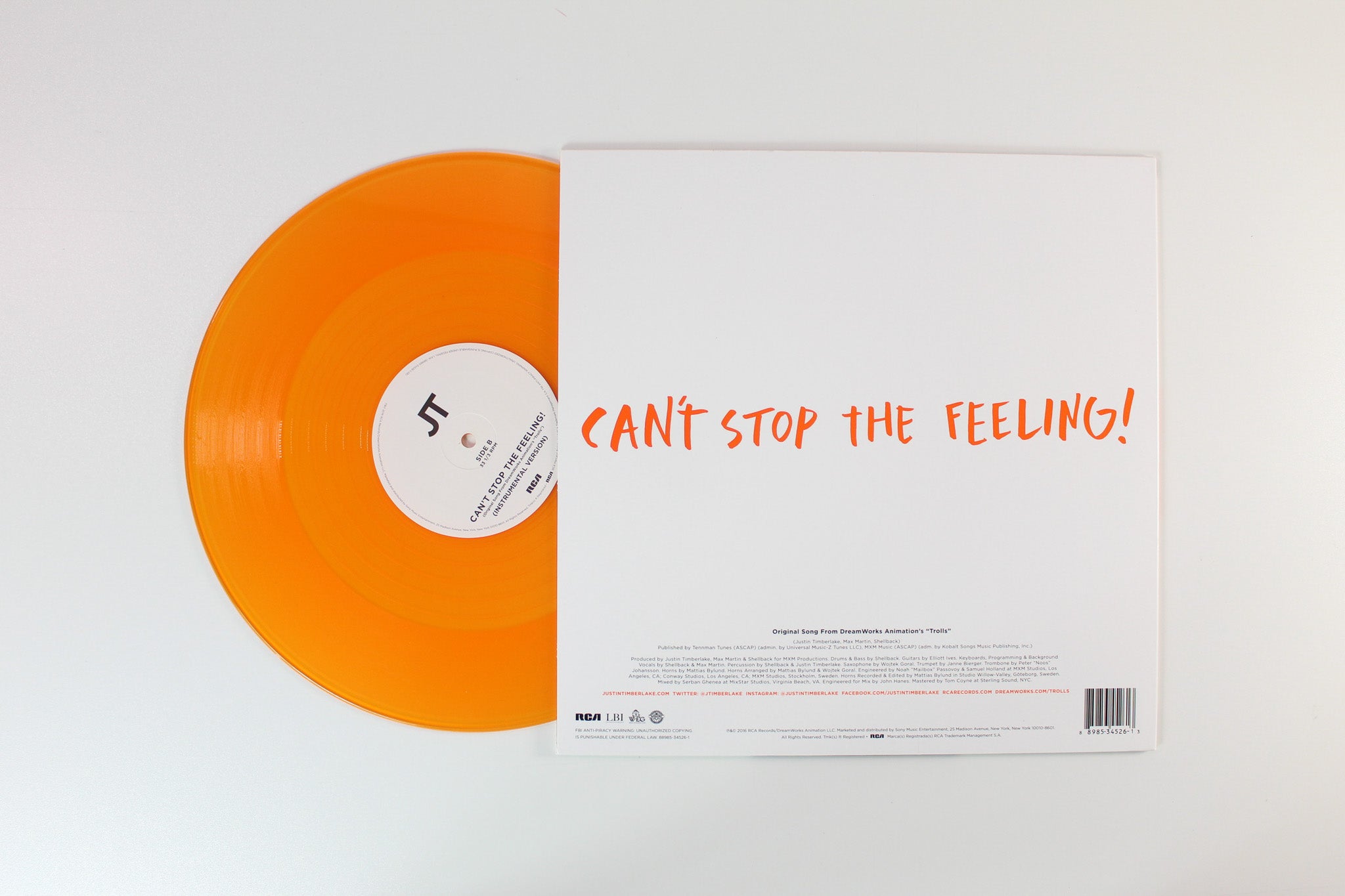 Justin Timberlake - Can't Stop The Feeling! on RCA Ltd Translucent Orange 12" Single