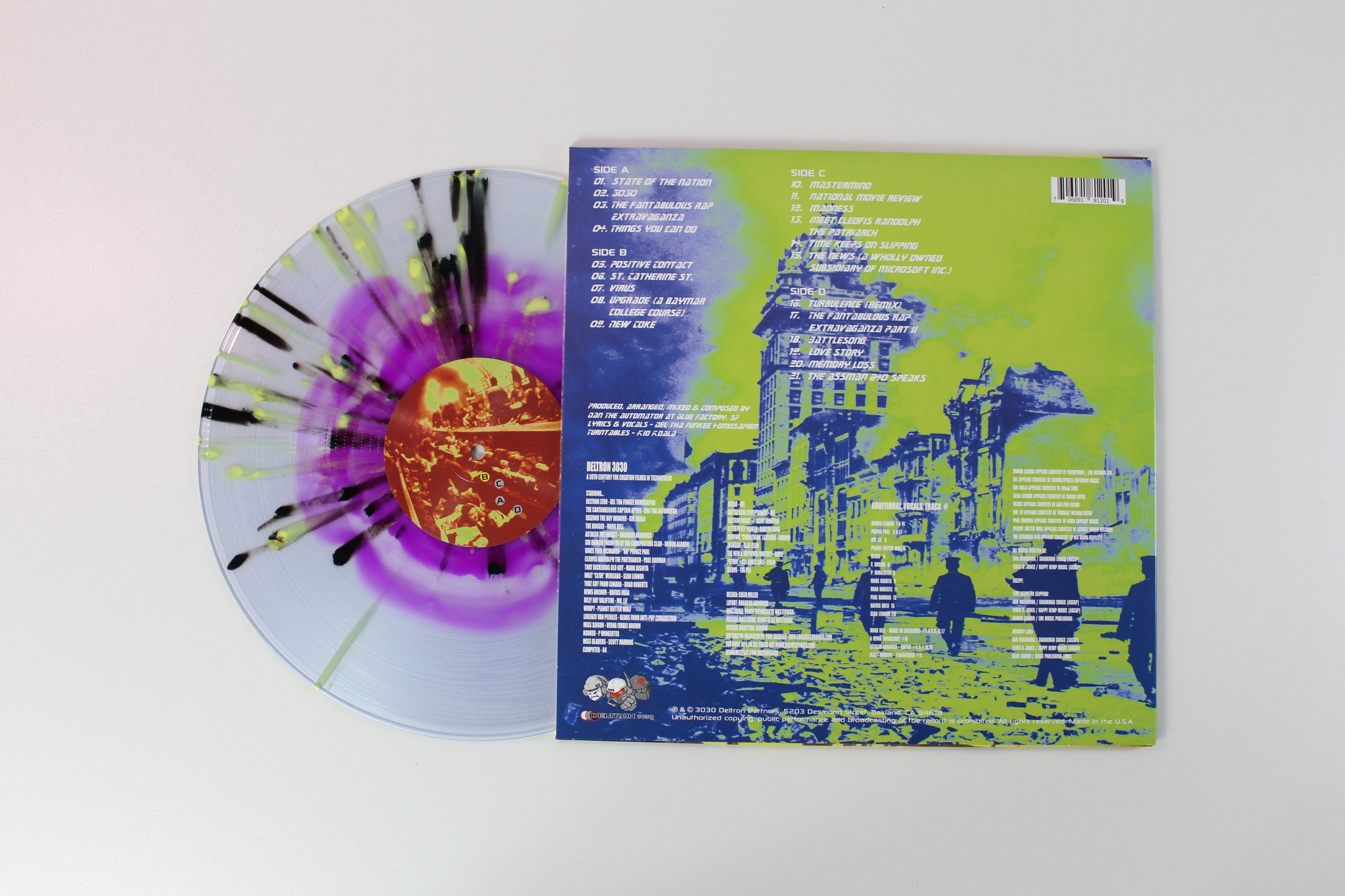 Deltron 3030 - Deltron 3030 Ltd. Neon Purple in Clear w/ Yellow & Black Splatter Vinyl Reissue on Deltron Partners