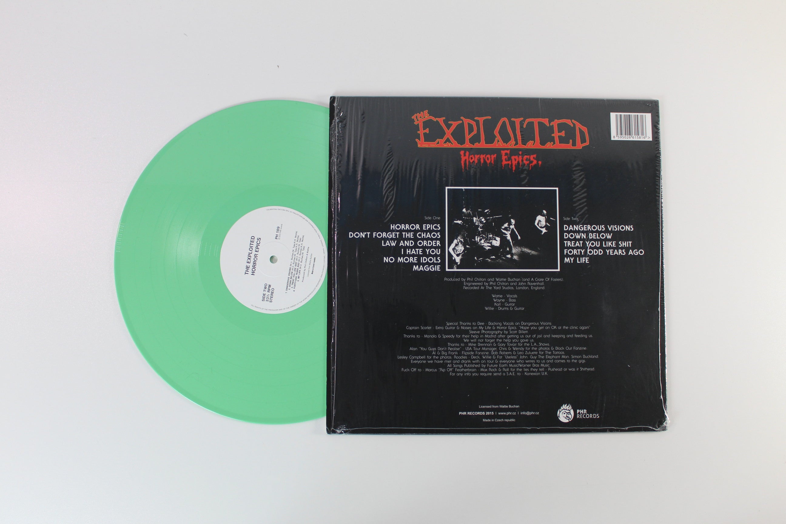 The Exploited - Horror Epics. on Papagájův Hlasatel Records Green Vinyl Reissue