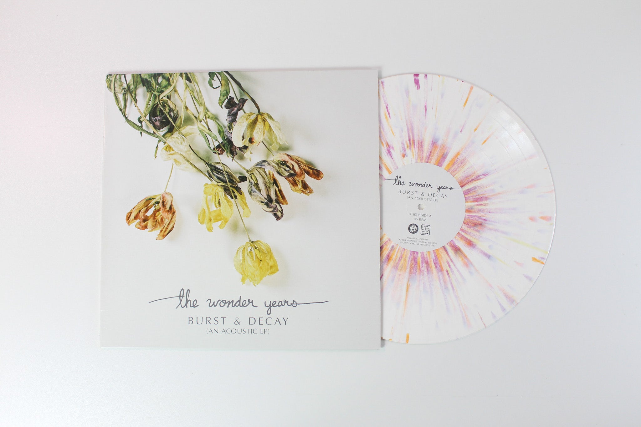 The Wonder Years - Burst & Decay (An Acoustic EP) on Hopeless Ltd White With Orange Yellow And Purple Splatter 45 RPM 12" EP