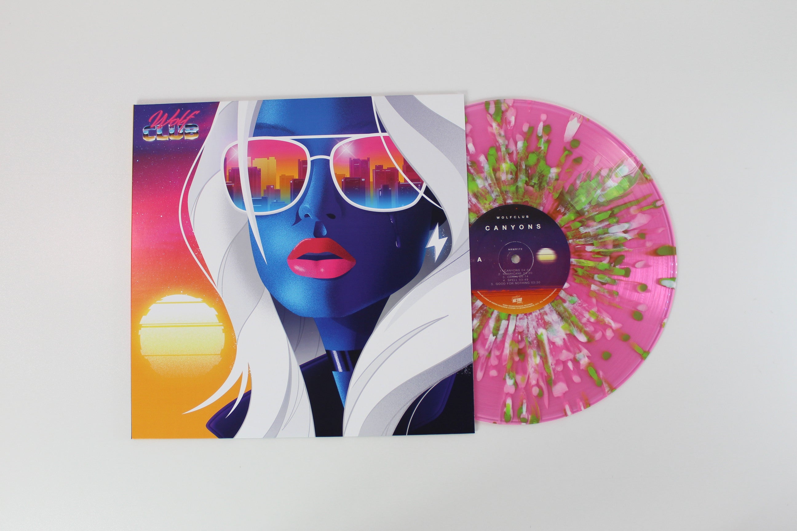Wolfclub - Canyons on NewRetroWave Ltd. Pink w/ White & Lime Green Splatter Vinyl