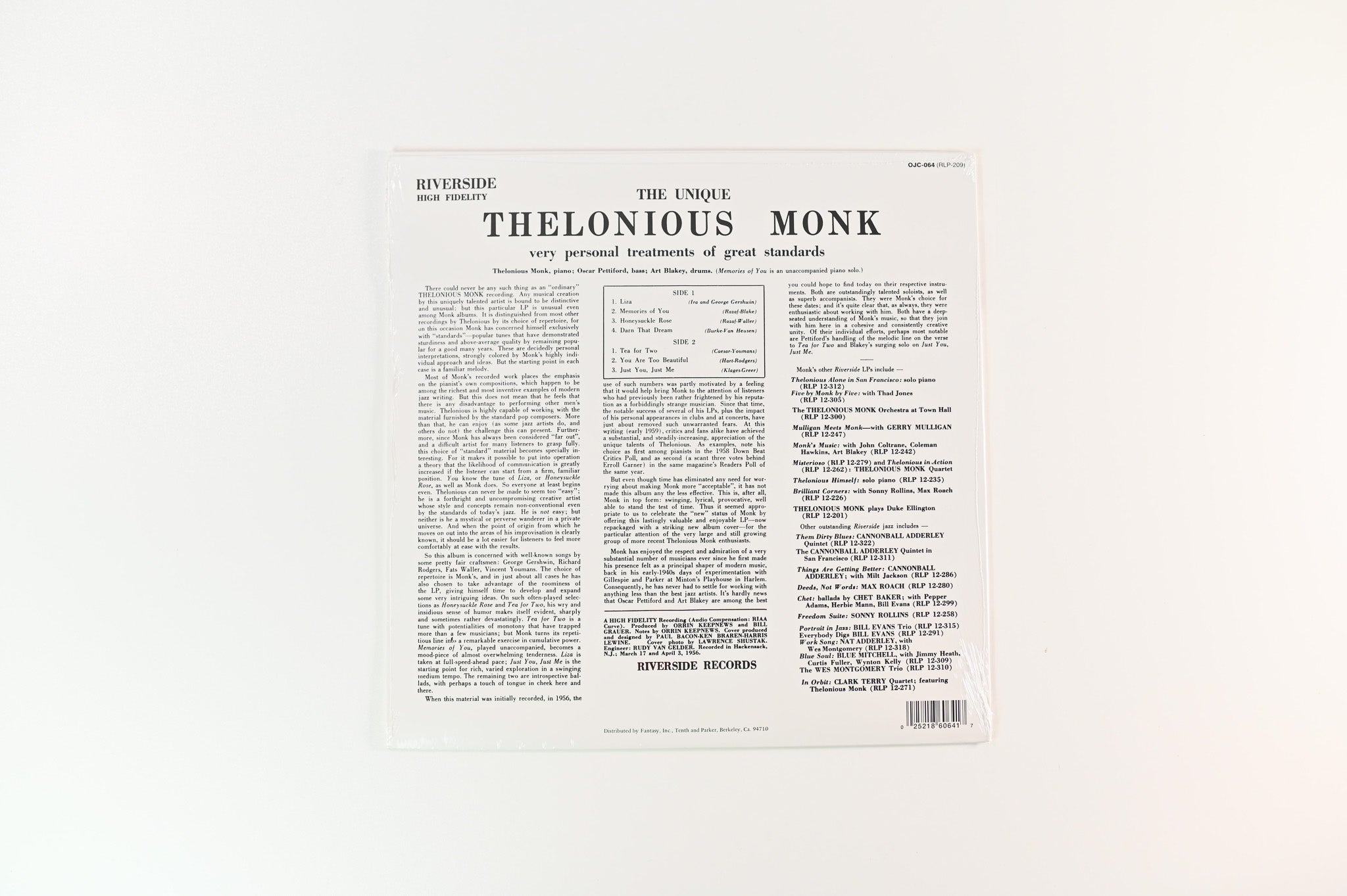 Thelonious Monk - The Unique Thelonious Monk on Riverside OJC Reissue Sealed