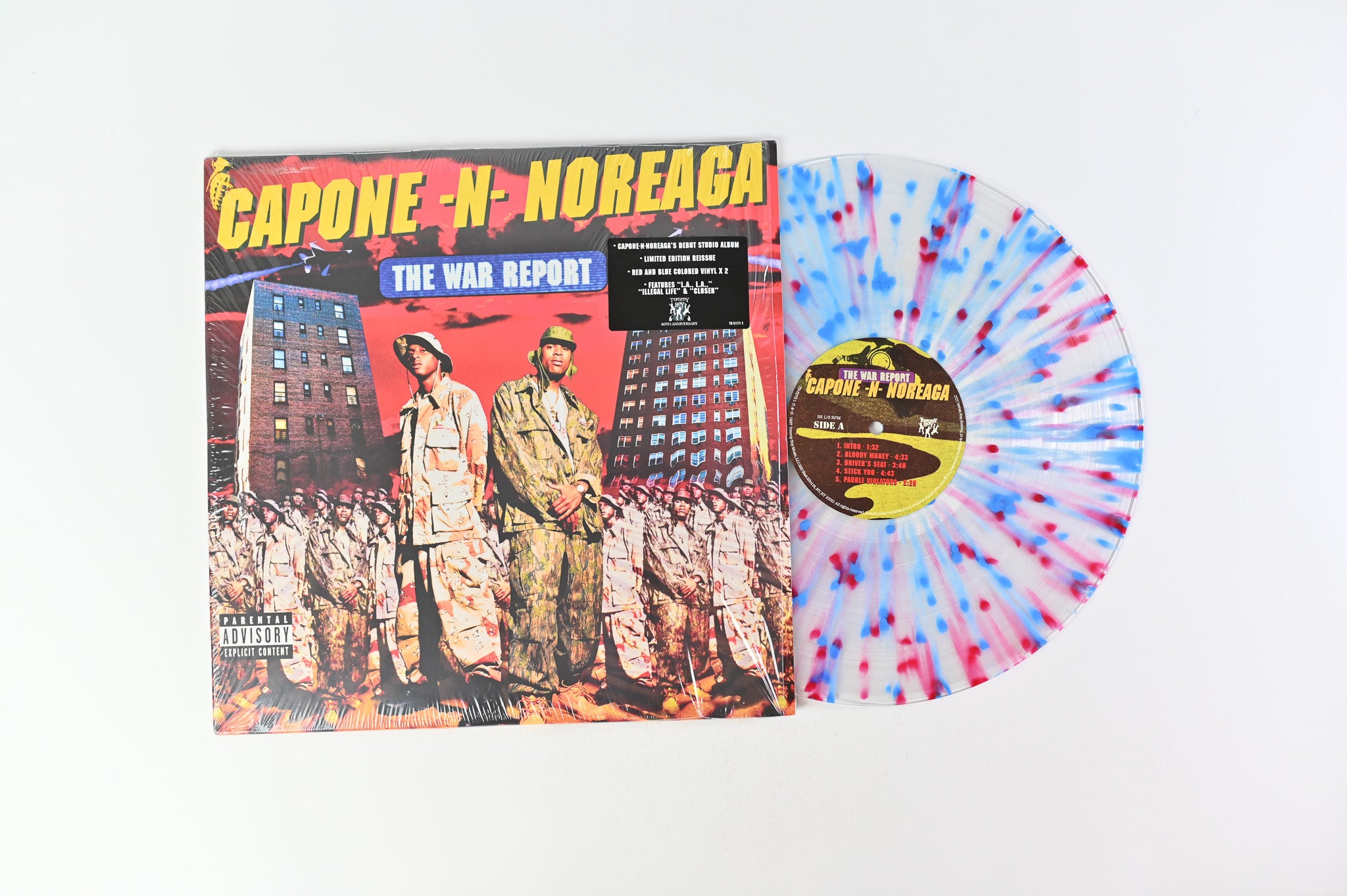 Capone -N- Noreaga - The War Report on Tommy Boy Ltd. Reissue Clear w/ Red & Blue Splatter