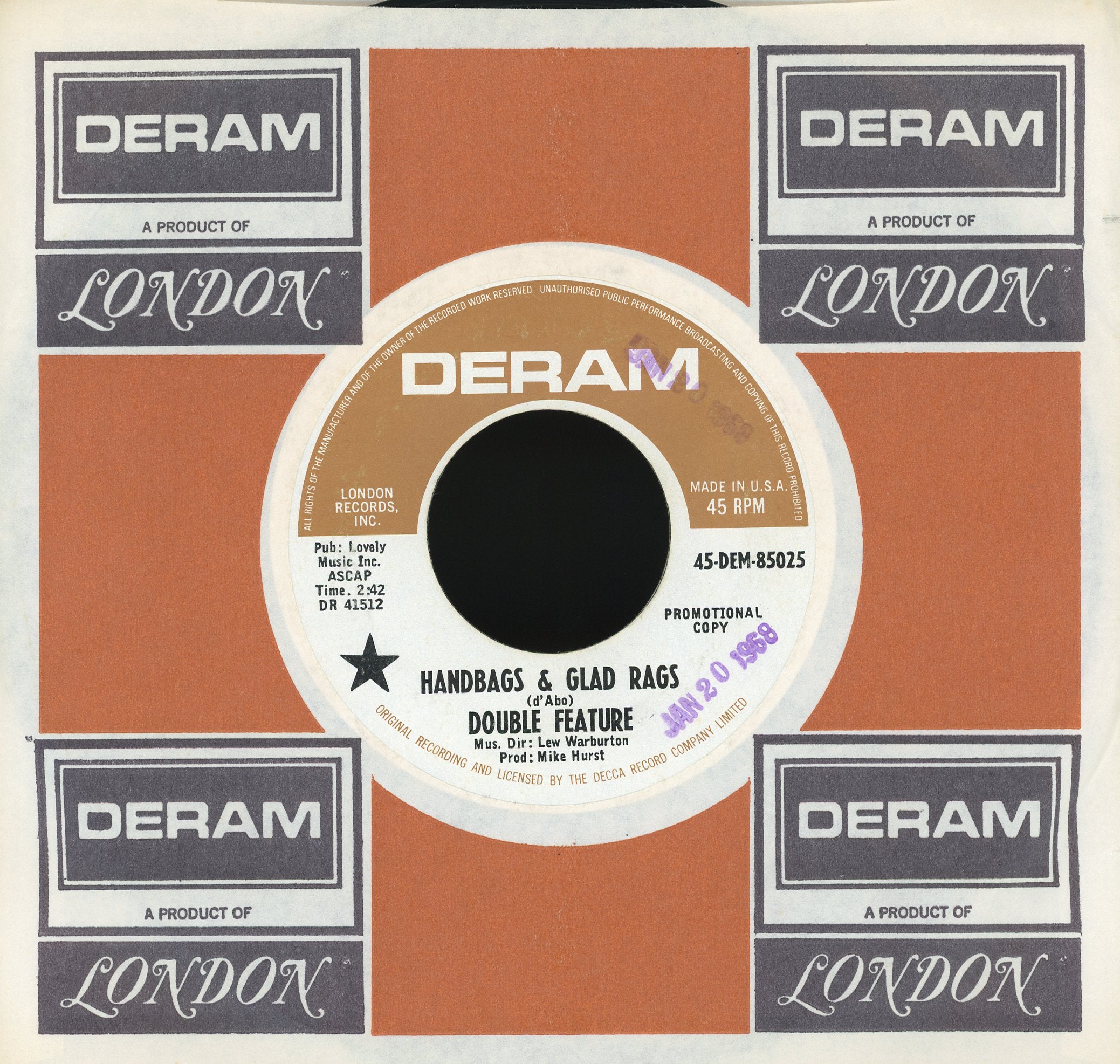 Double Feature - Handbags & Glad Rags / Just Another Lonely Night on Deram Promo Soul 45