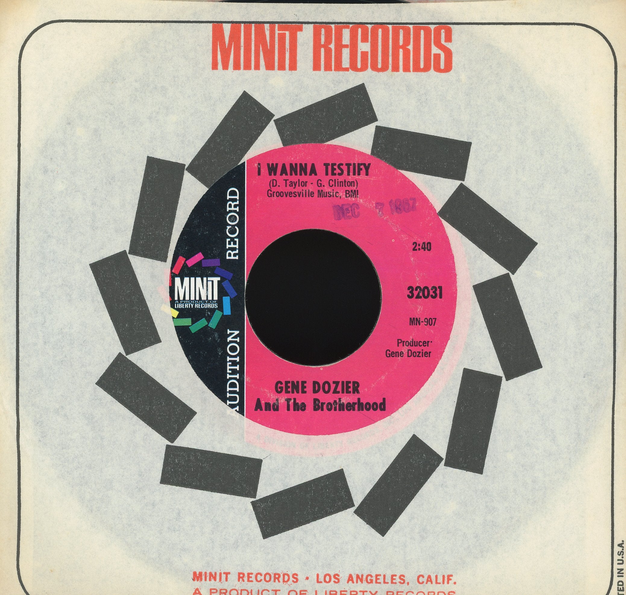 Gene Dozier And The Brotherhood - I Wanna Testify / Mustang Sally on Minit Promo Funk Soul 45