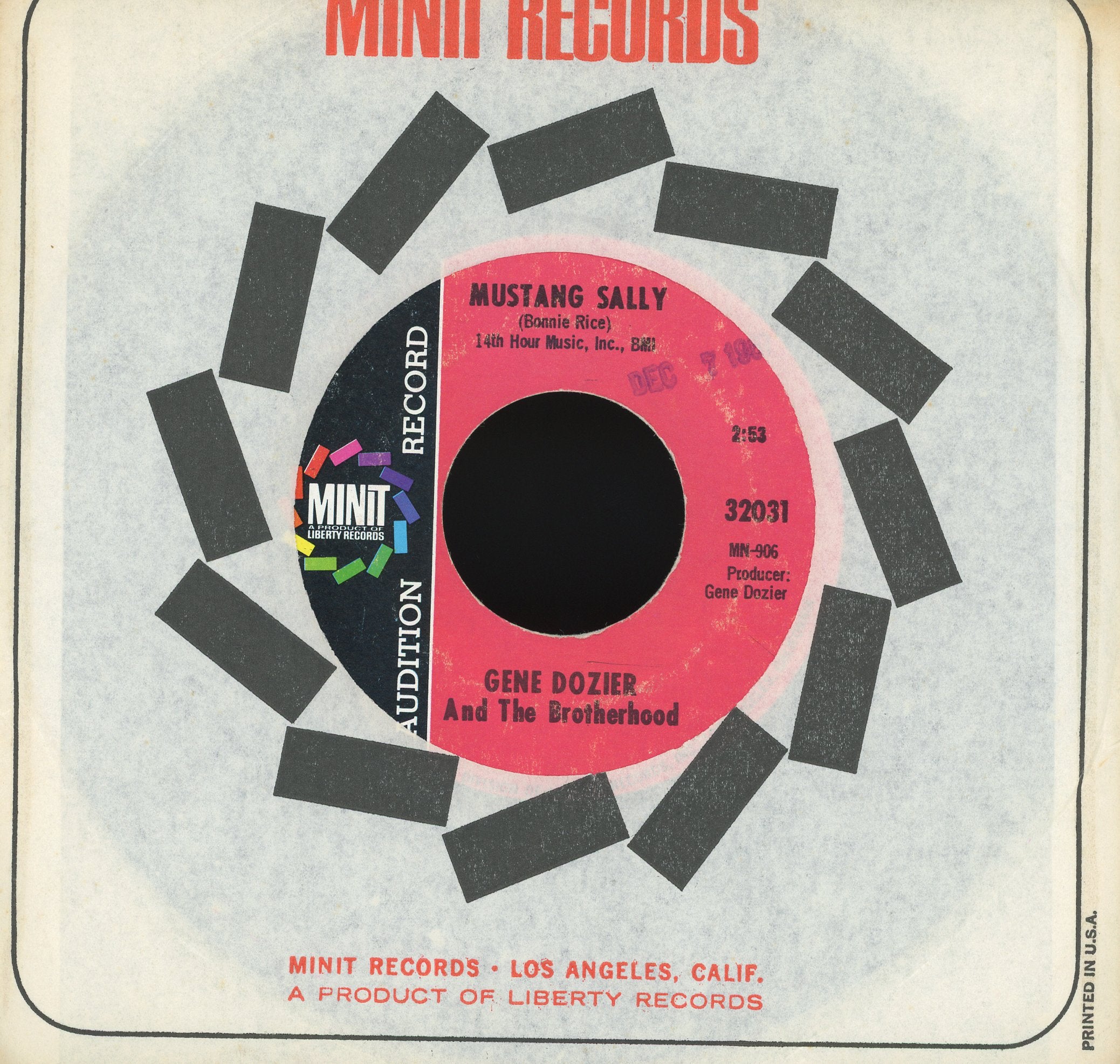 Gene Dozier And The Brotherhood - I Wanna Testify / Mustang Sally on Minit Promo Funk Soul 45