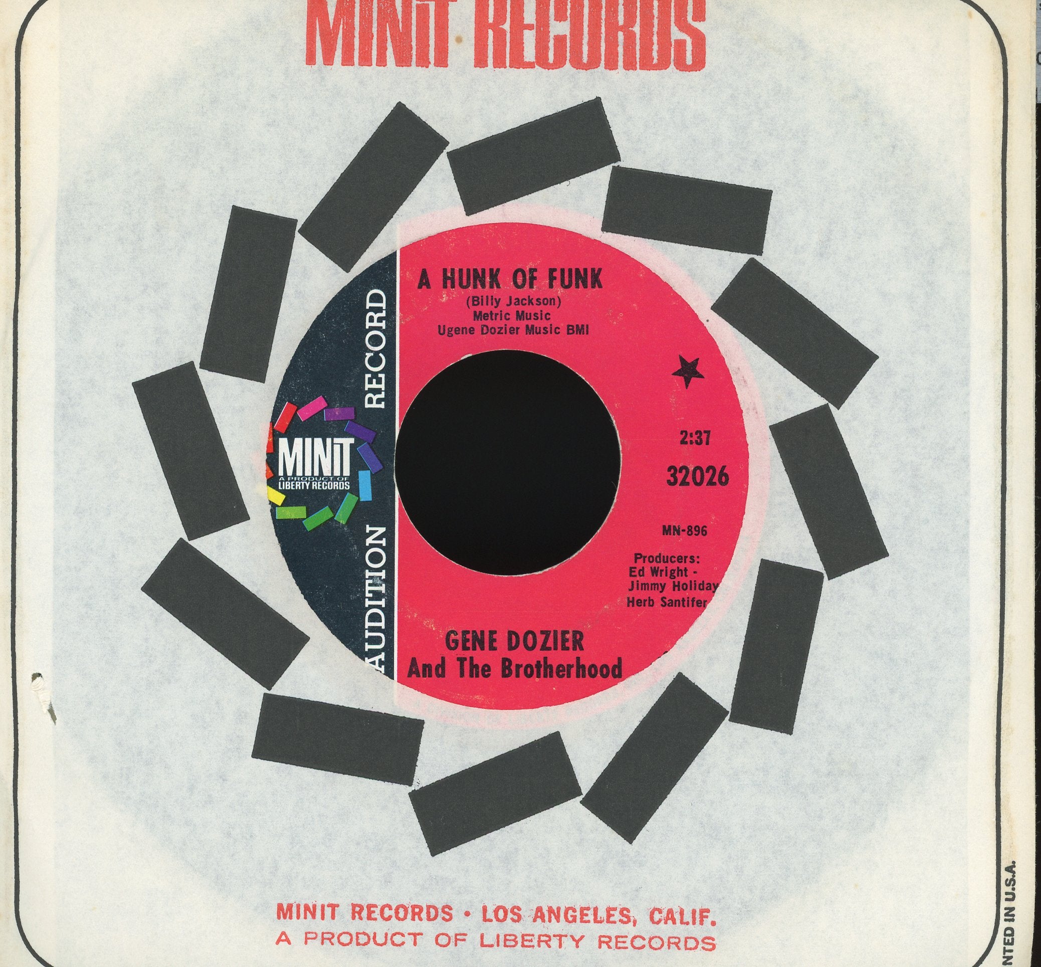 Gene Dozier And The Brotherhood - A Hunk Of Funk / One For Bess on Minit R&B 45