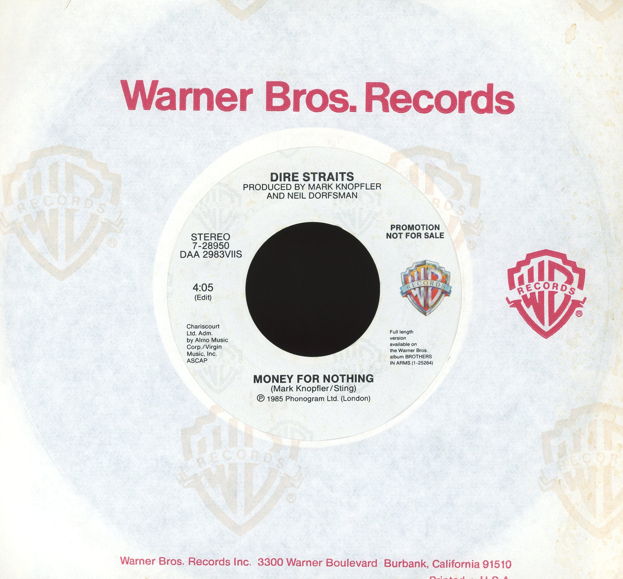 Dire Straits - Money For Nothing on Warner Bros. Records Promo Rock 45
