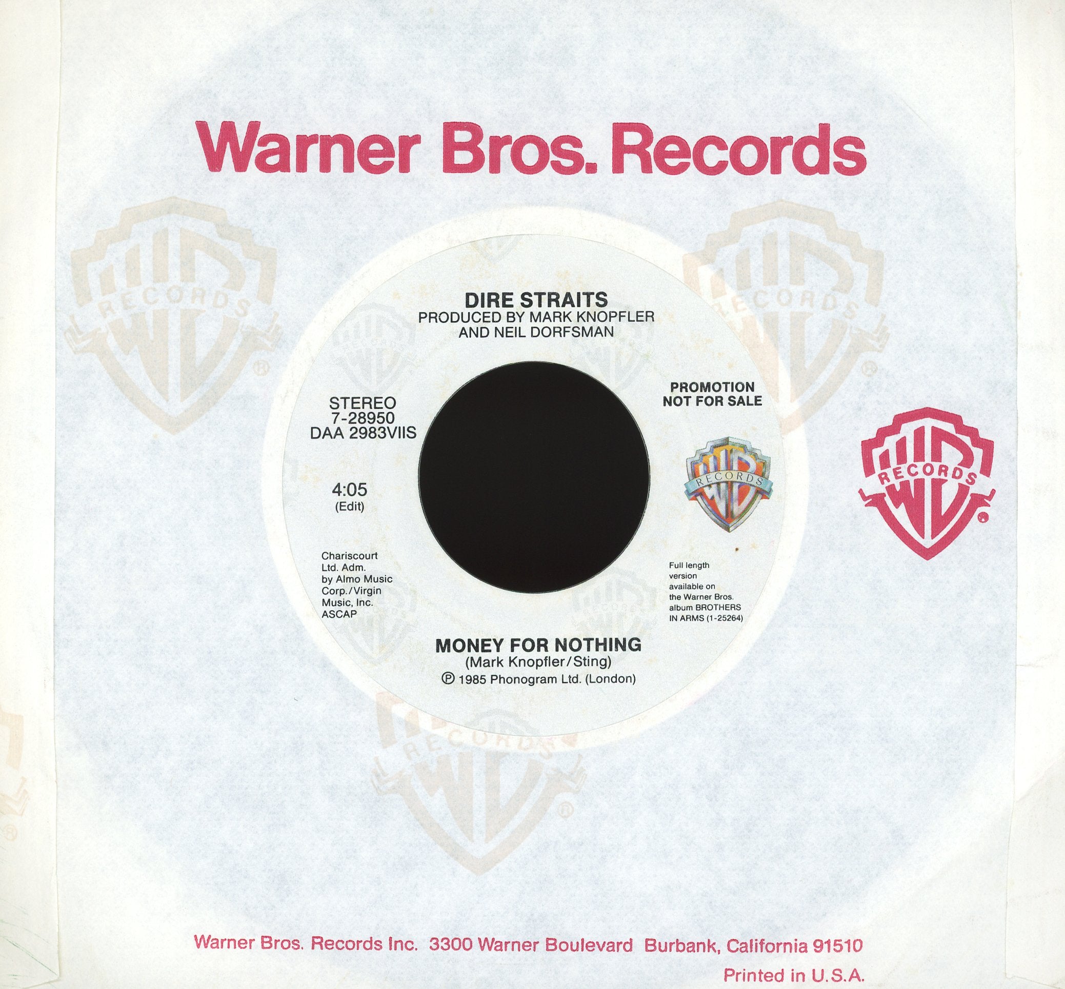 Dire Straits - Money For Nothing on Warner Bros. Records Promo Rock 45