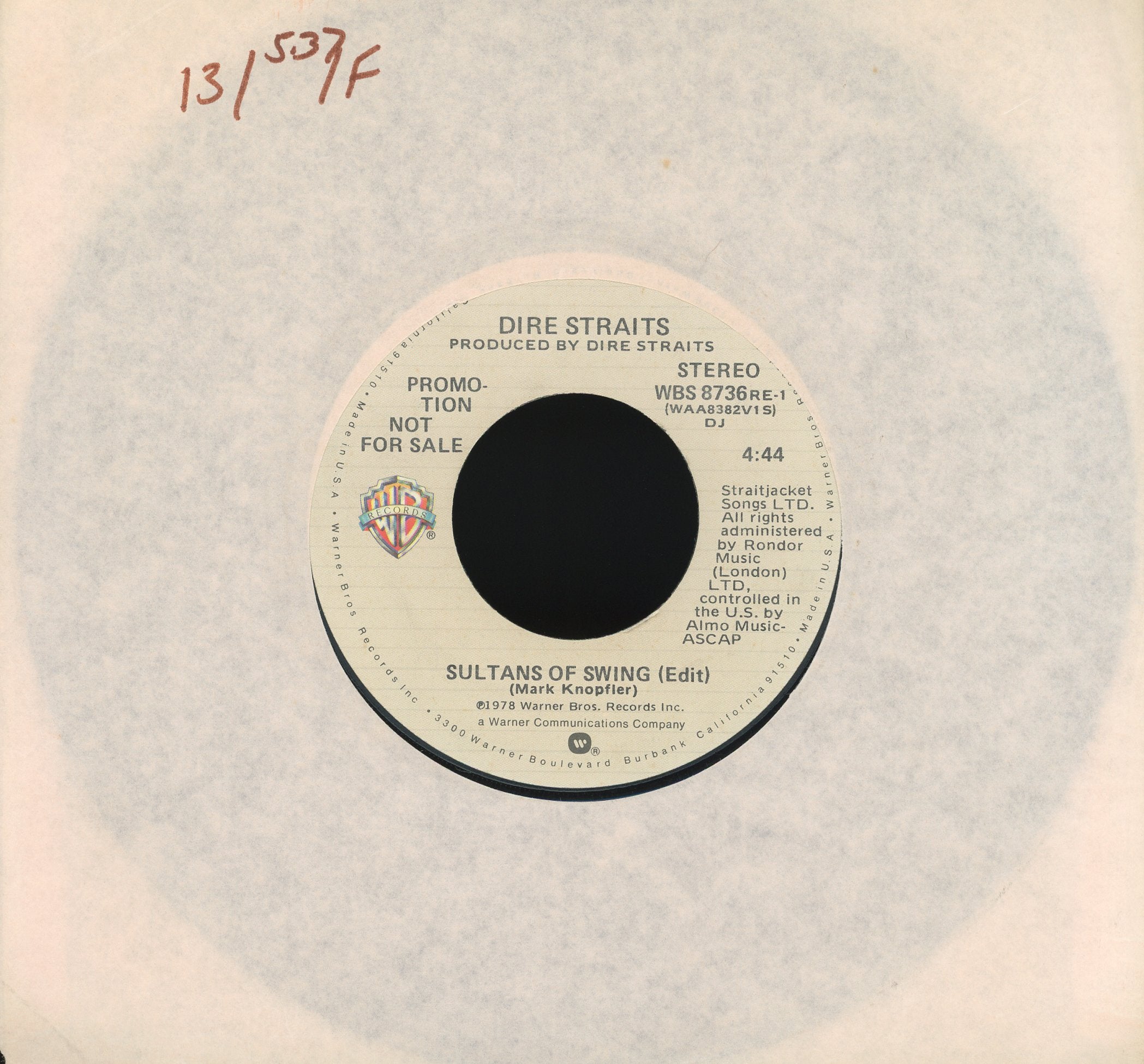 Dire Straits - Sultans Of Swing on Warner Bros. Records Promo Rock 45