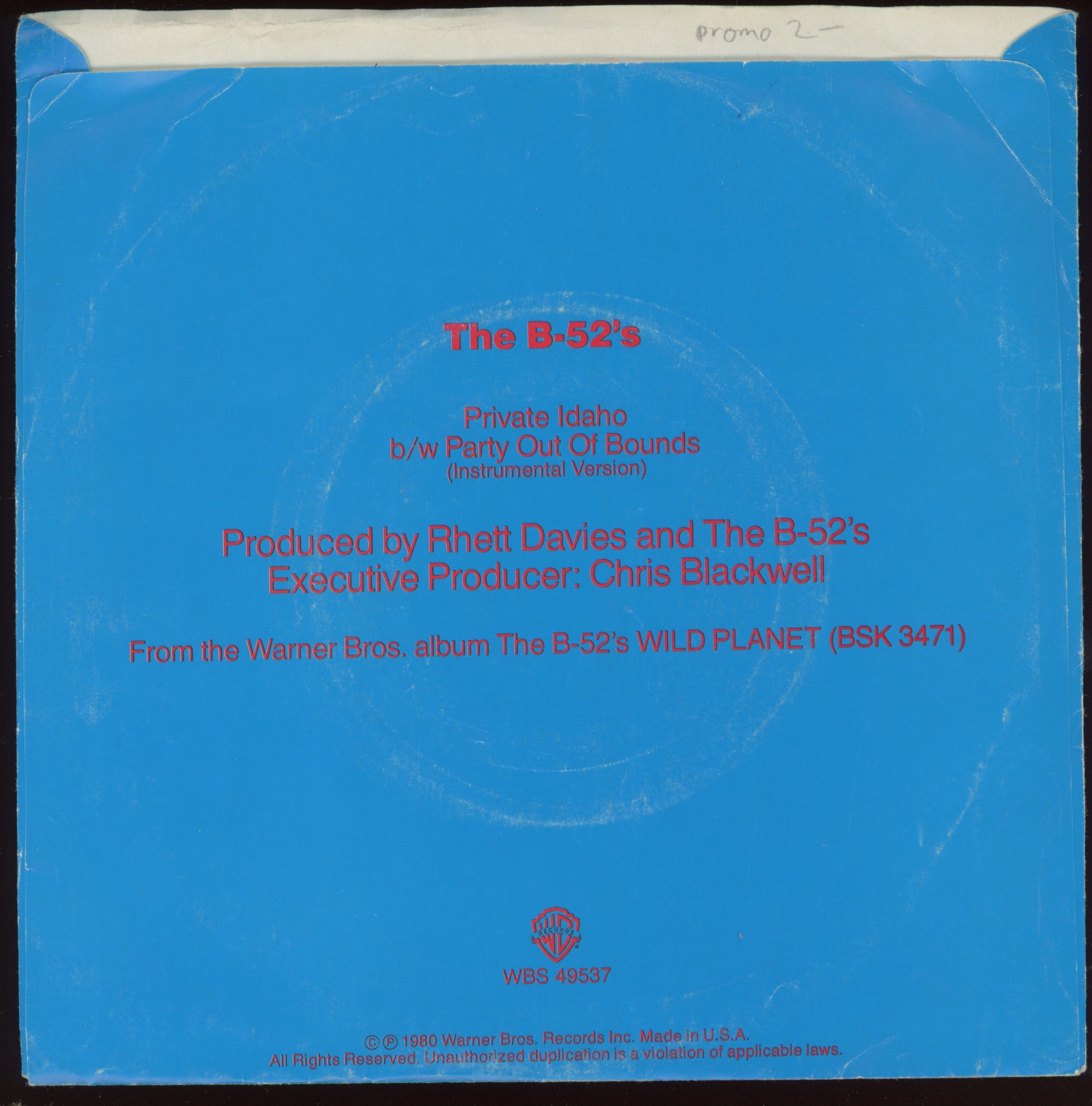 The B-52's - Private Idaho on Warner Bros Promo With Picture Sleeve