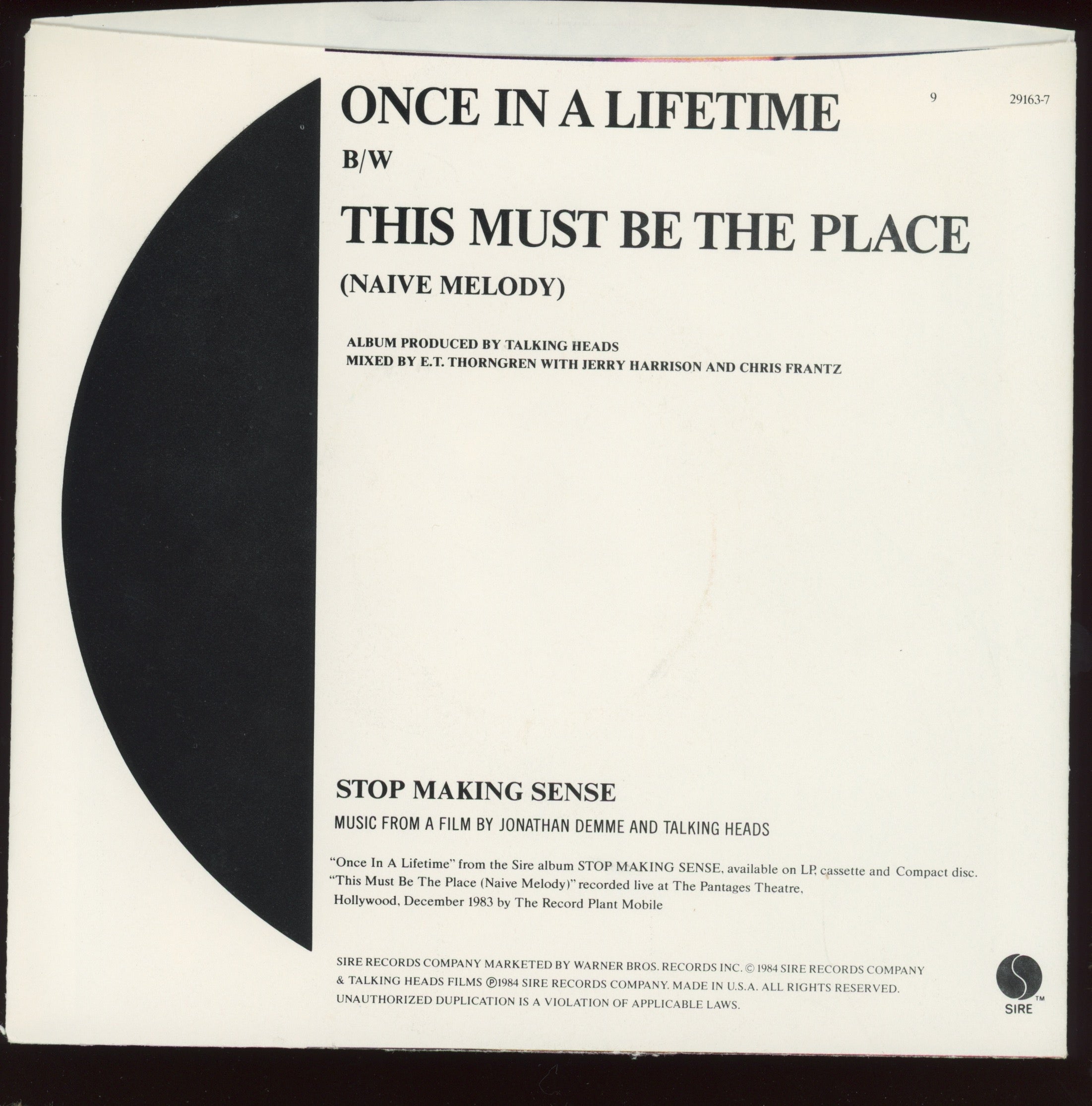 Talking Heads - Once In A Lifetime on Sire With Picture Sleeve