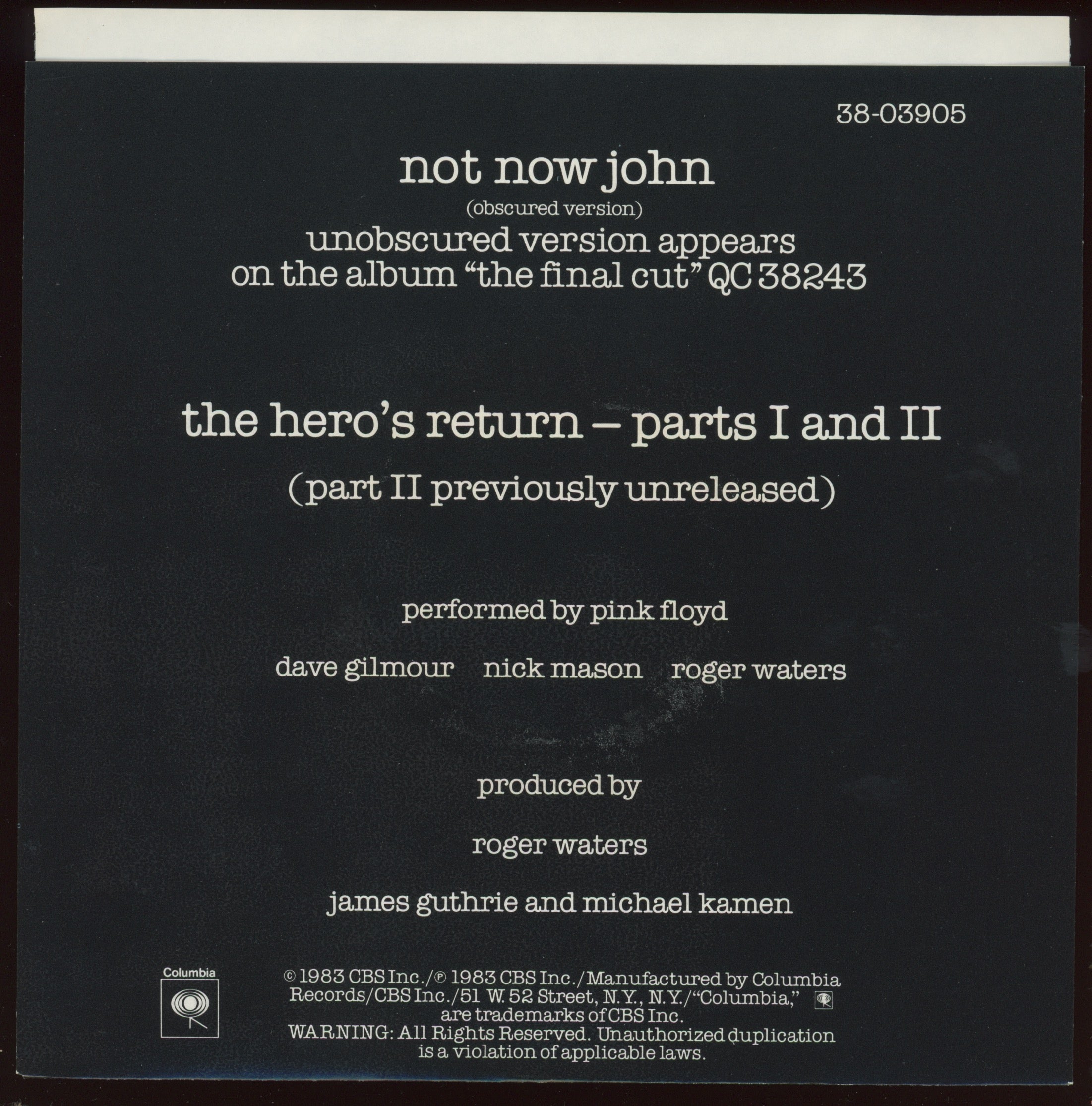 Pink Floyd - Not Now John (Obscured Version) on Columbia With Picture Sleeve