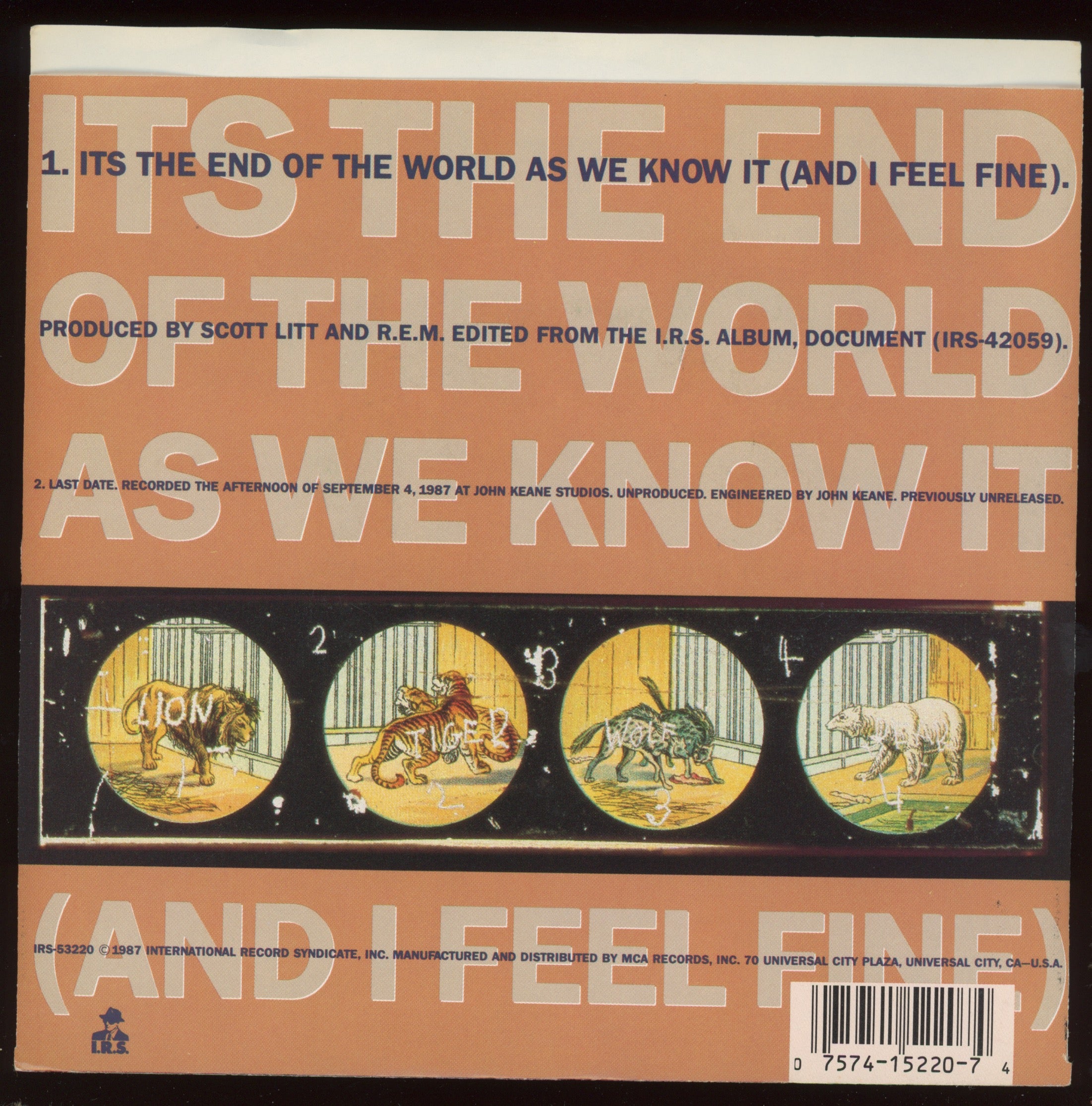 R.E.M. - Its The End Of The World As We Know It (And I Feel Fine) on I.R.S With Picture Sleeve