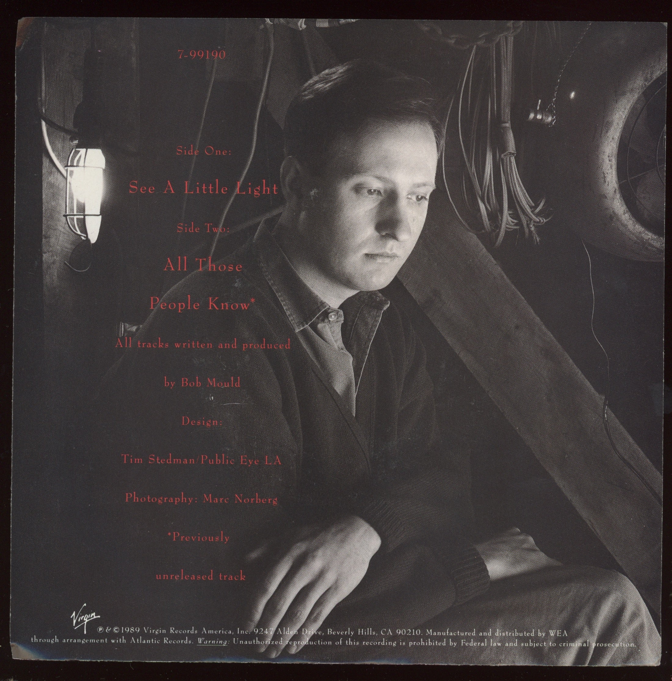 Bob Mould - See A Little Light on Virgin With Picture Sleeve