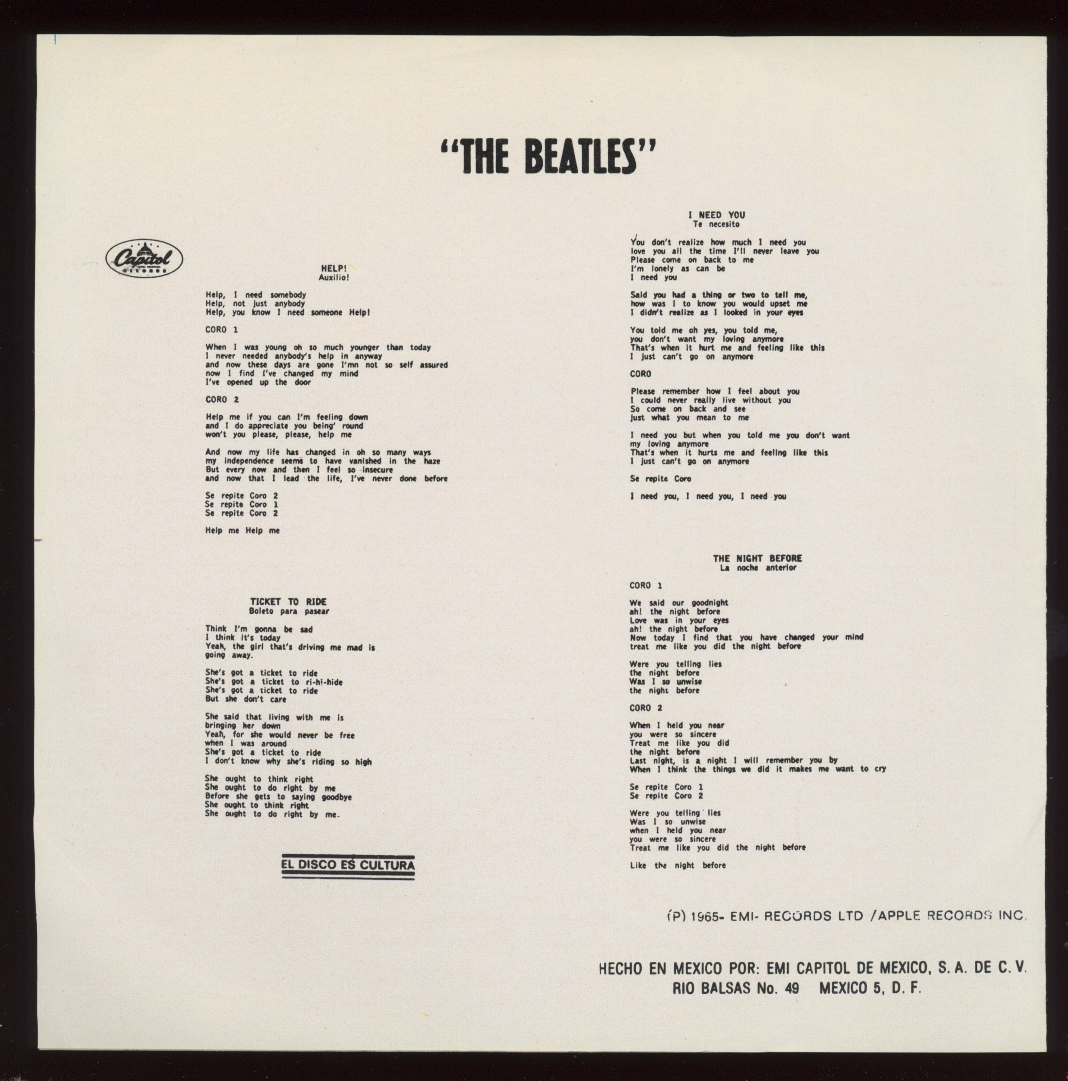 The Beatles - Help! on EMI EPEM-10012 Mexican Reissue With Picture Sleeve