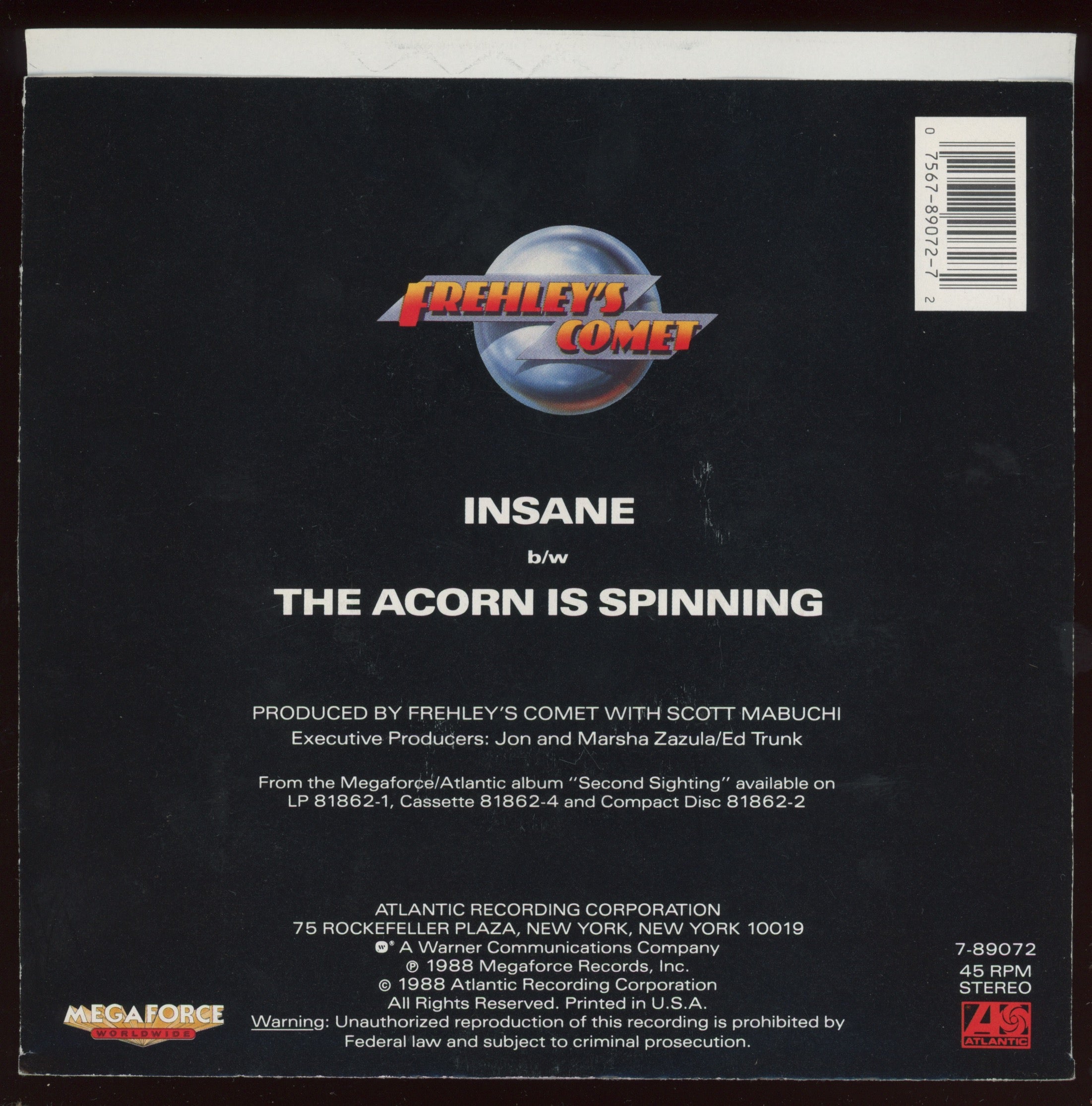 Frehley's Comet - Insane on Megaforce Worldwide With Picture Sleeve