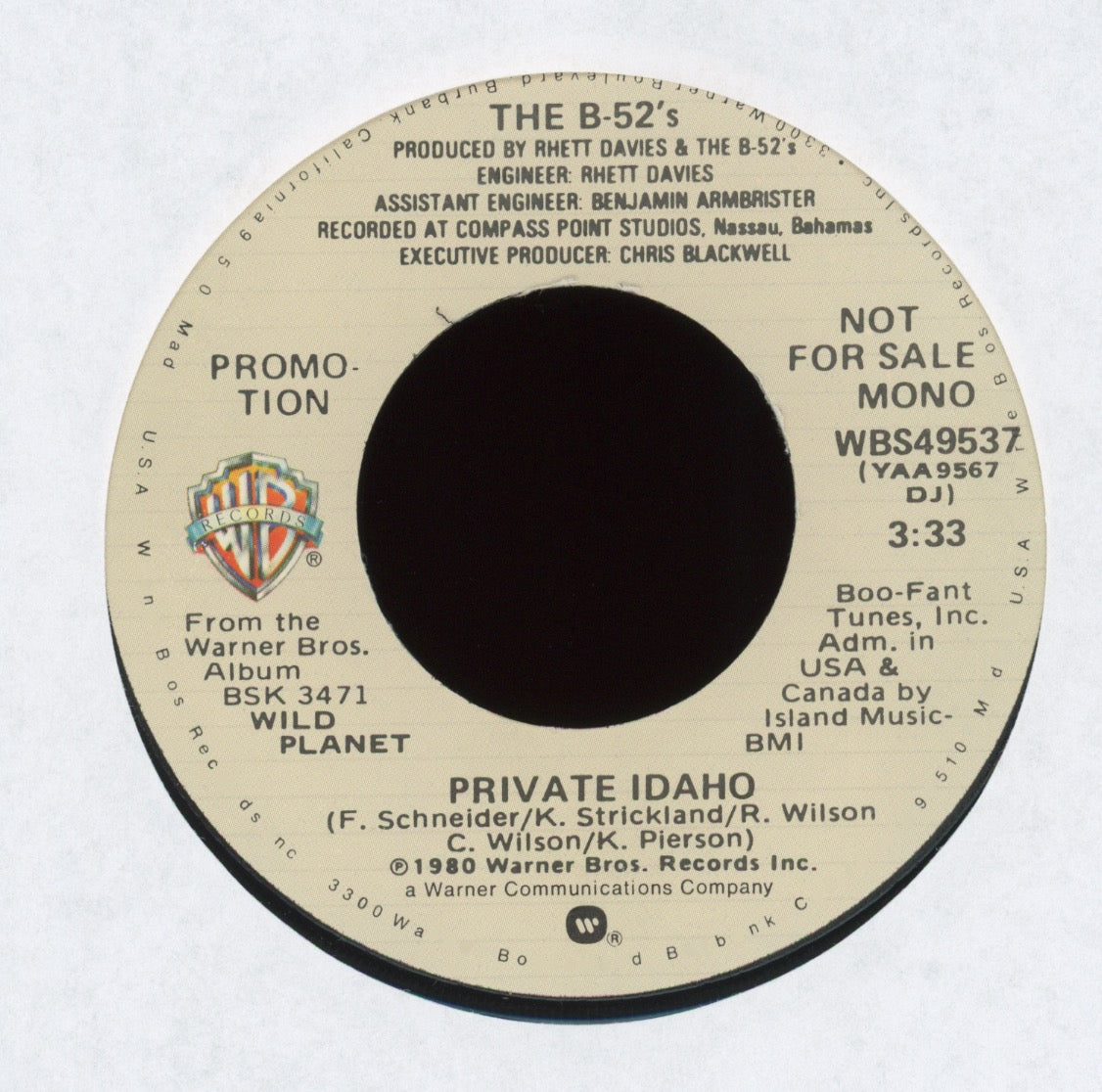 The B-52's - Private Idaho on Warner Bros Promo With Picture Sleeve