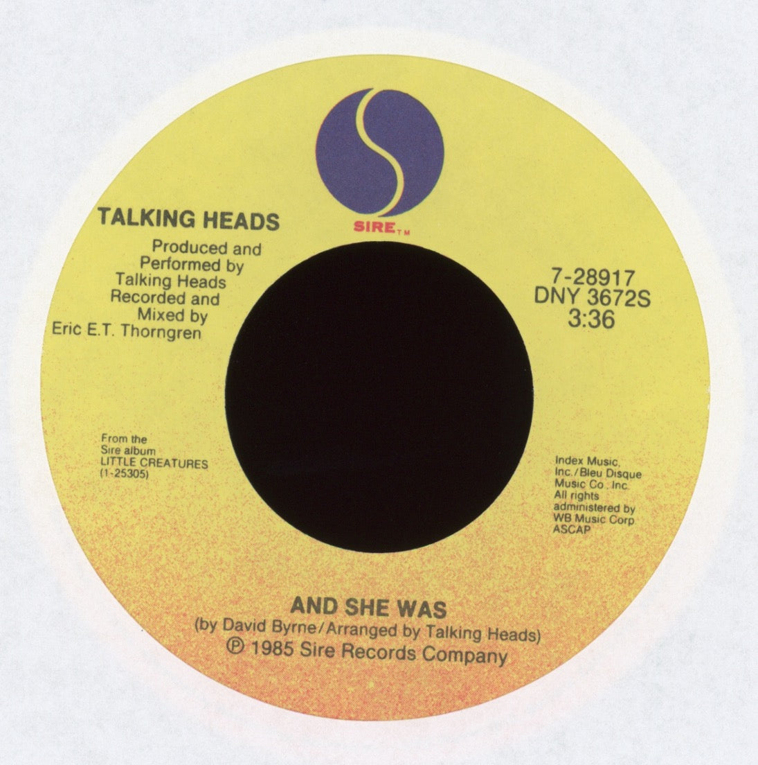 Talking Heads - And She Was on Sire With Picture Sleeve