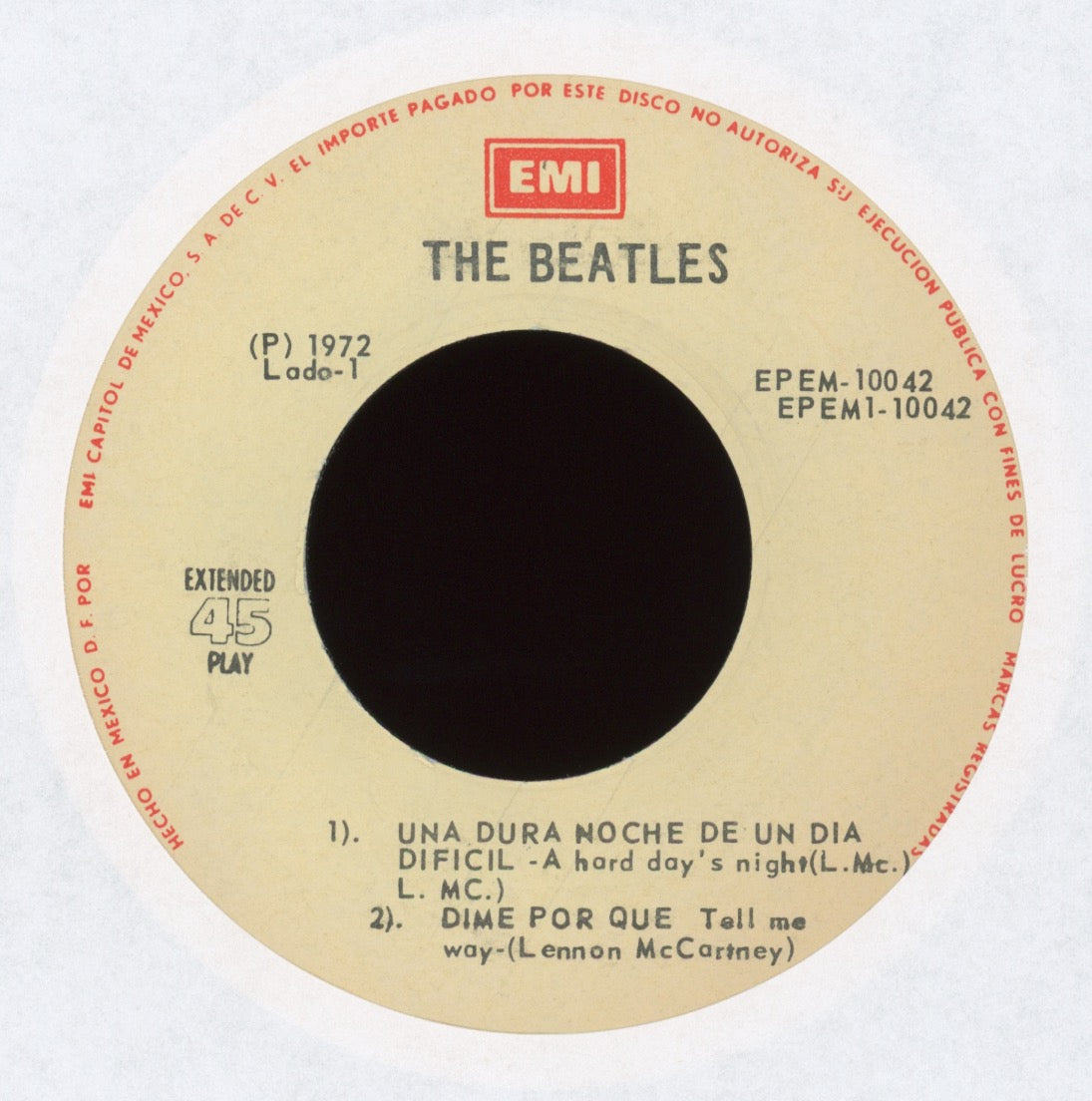 The Beatles - Una Dura Noche on EMI EPEM-10042 Mexican Reissue With Picture Sleeve