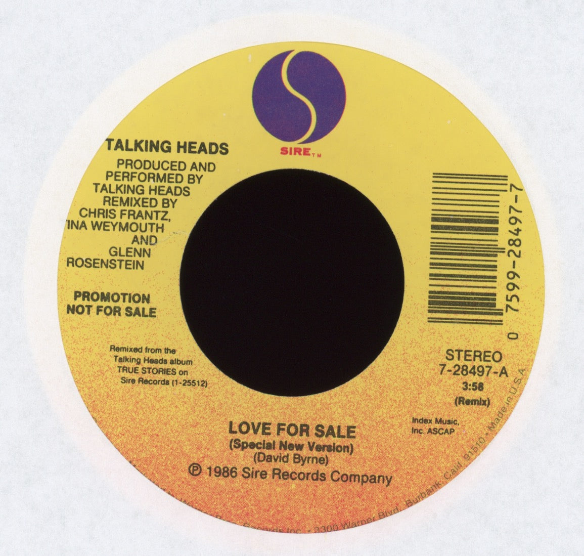 Talking Heads - Love For Sale on Sire Promo With Picture Sleeve