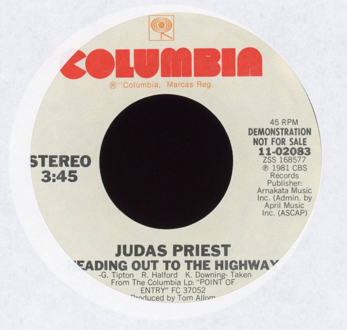 Judas Priest - Heading Out To The Highway on Columbia Promo With Picture Sleeve