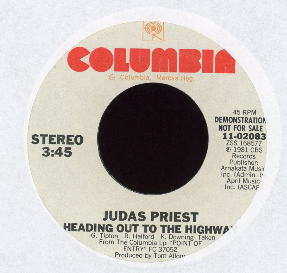 Judas Priest - Heading Out To The Highway on Columbia Promo With Picture Sleeve