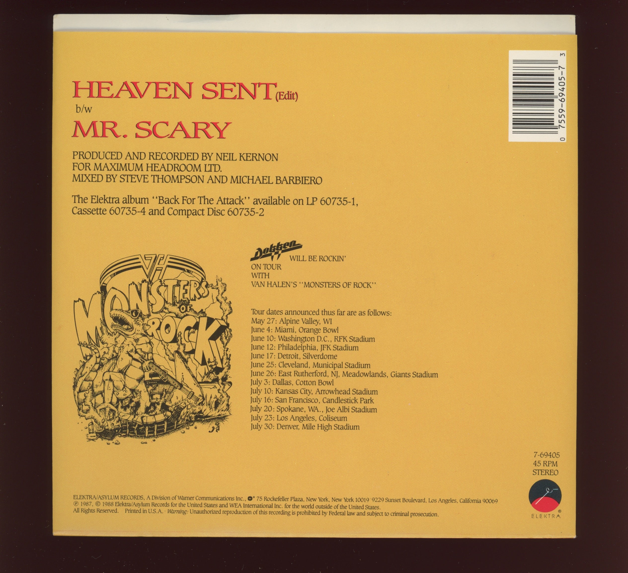 Dokken - Heaven Sent on Elektra With Picture Sleeve