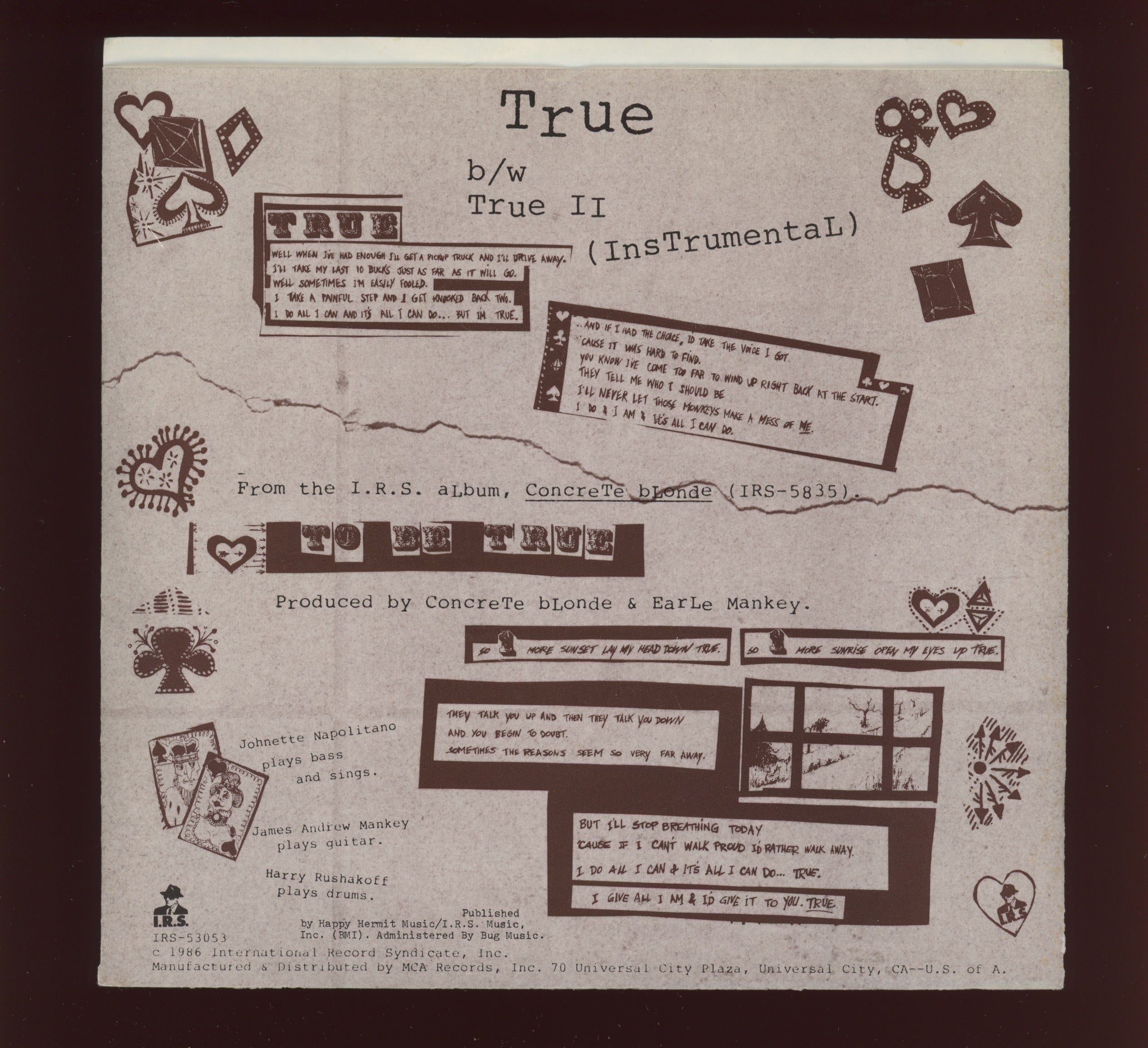 Concrete Blonde - True on I.R.S With Picture Sleeve