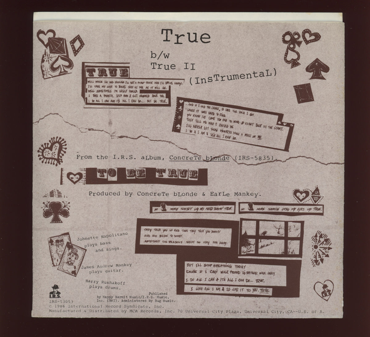 Concrete Blonde True on I.R.S With Picture Sleeve Plaid Room Records