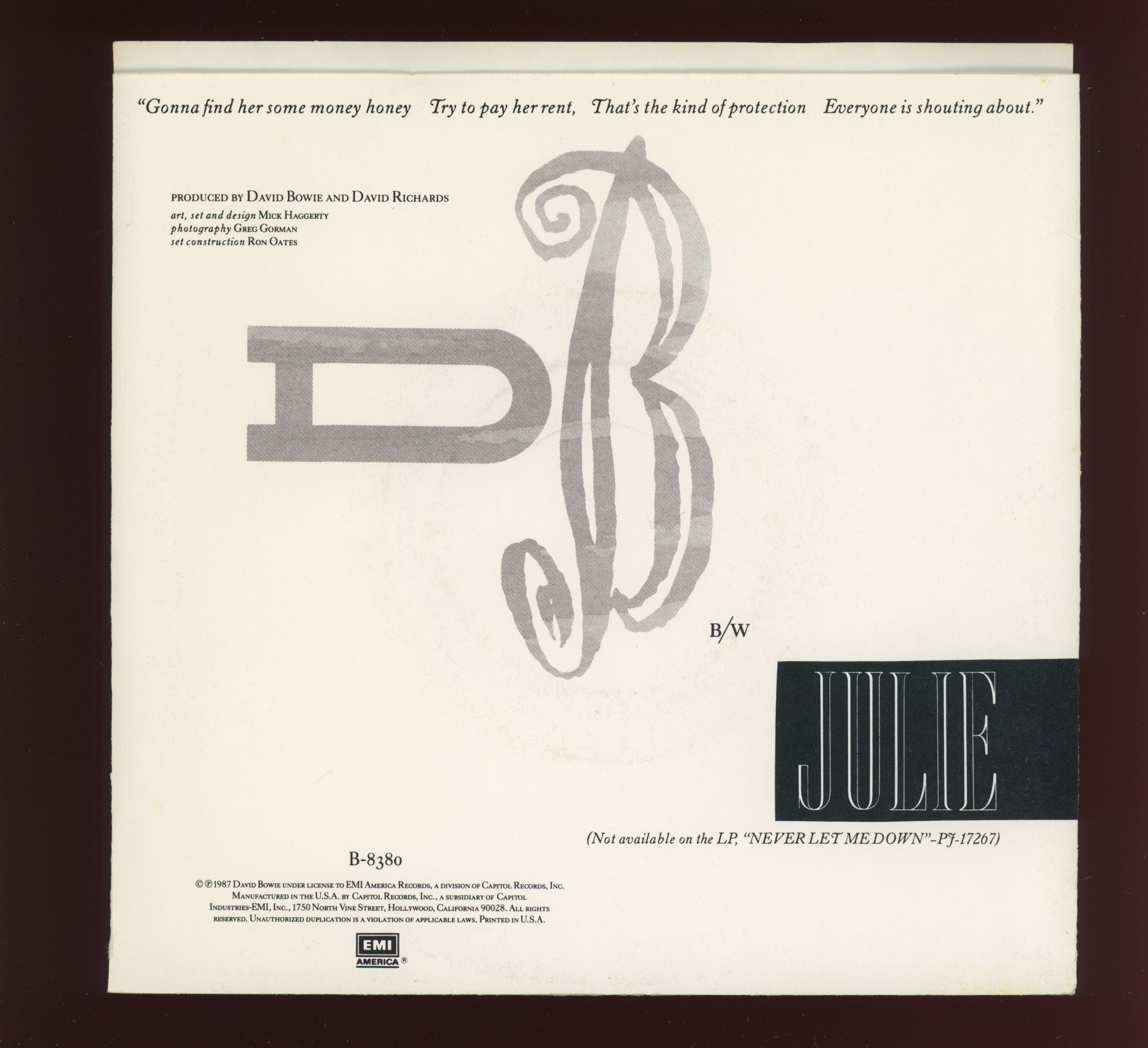 David Bowie - Day-In Day-Out on EMI America With Picture Sleeve