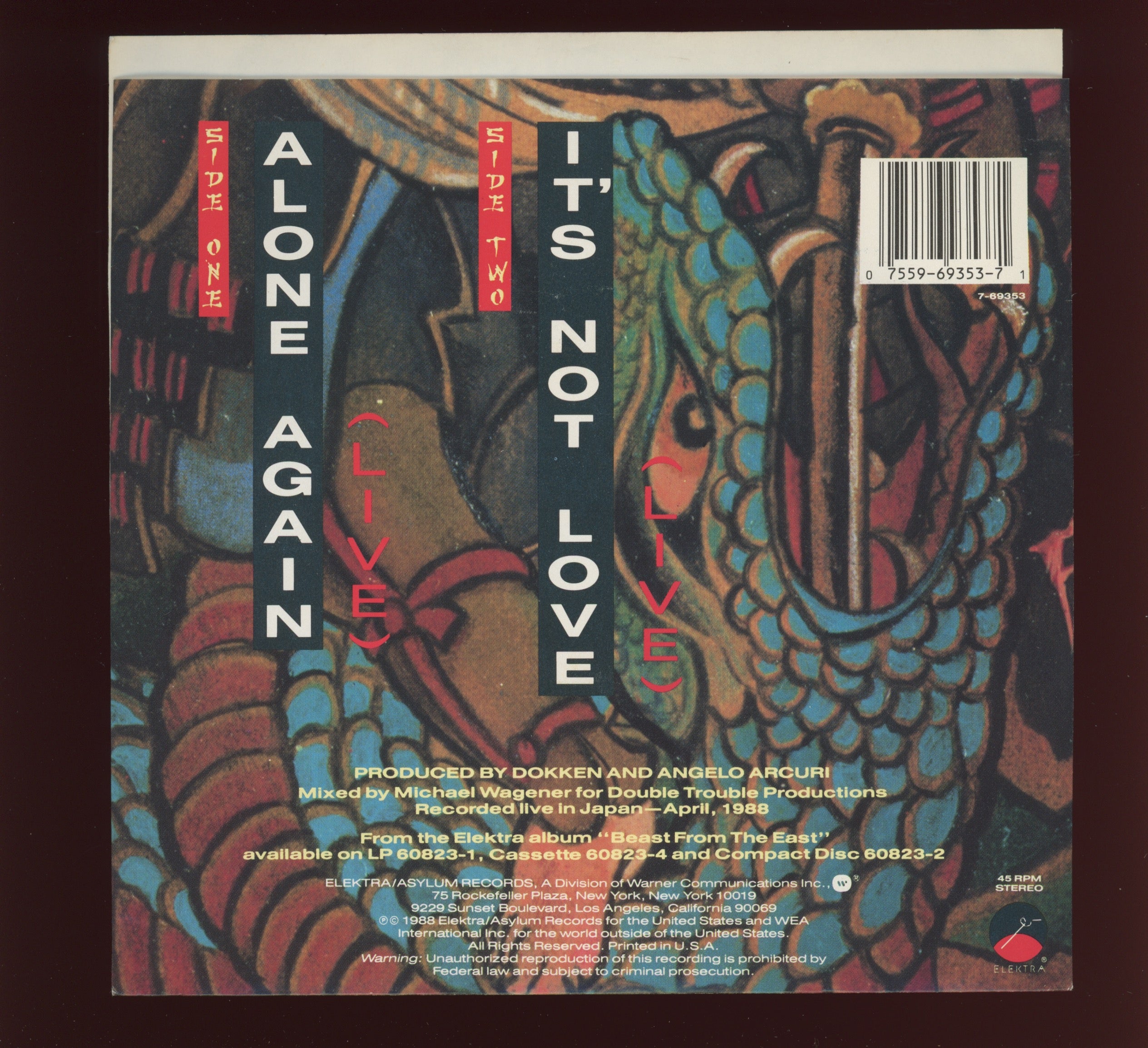 Dokken - Alone Again (Live) on Elektra With Picture Sleeve