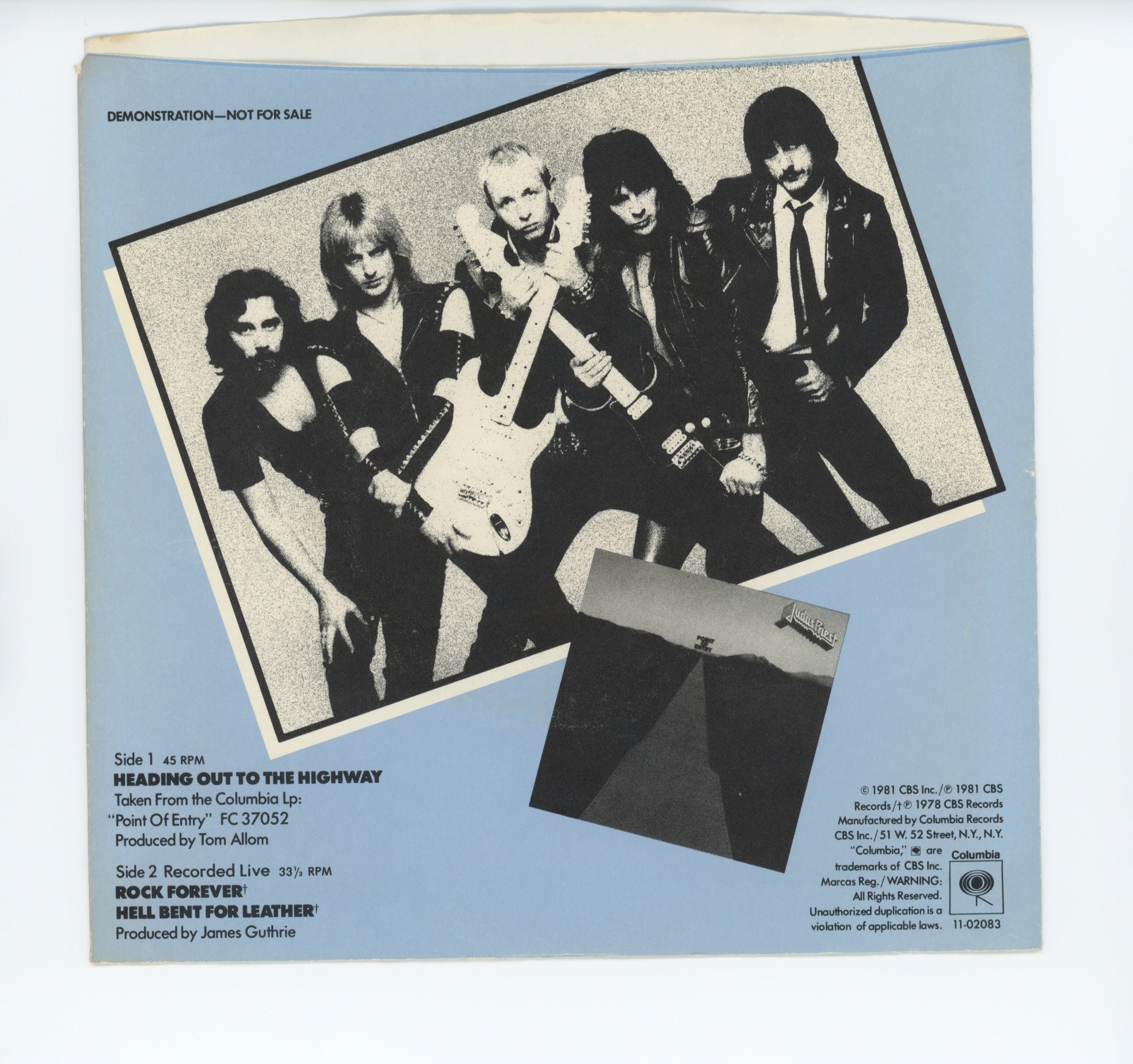 Judas Priest - Heading Out To The Highway on Columbia Promo With Picture Sleeve