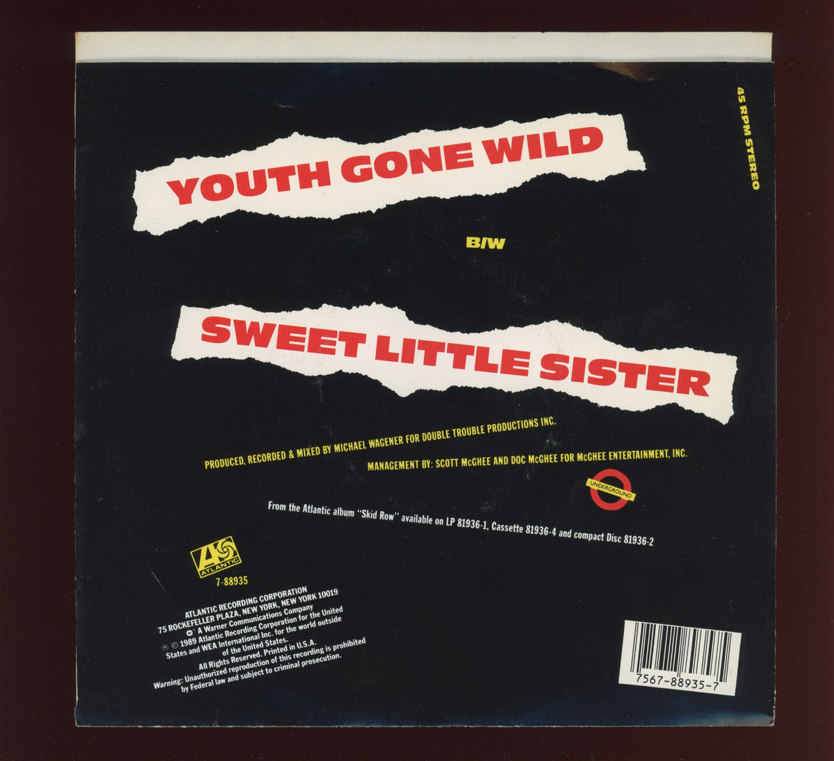 T-shirt Vintage SKID ROW 'Youth Gone Wild' 1989 - Taille L, Noir, Occasion Très Bon état