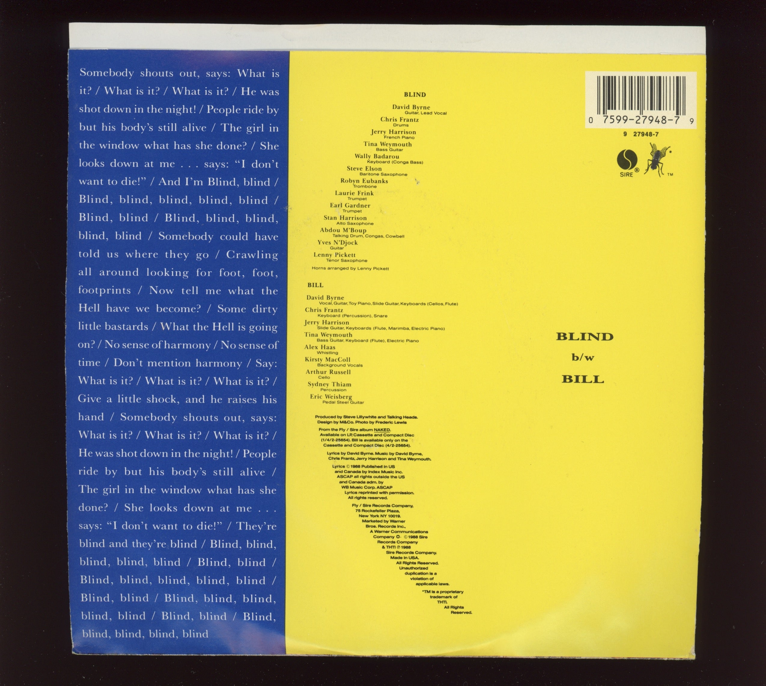 Talking Heads - Blind on Sire With Picture Sleeve